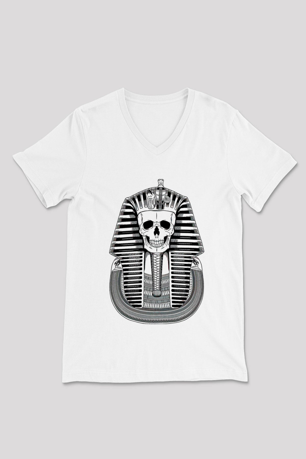 Tutankhamun Baskılı Beyaz Unisex V Yaka Tişört - Tshirt