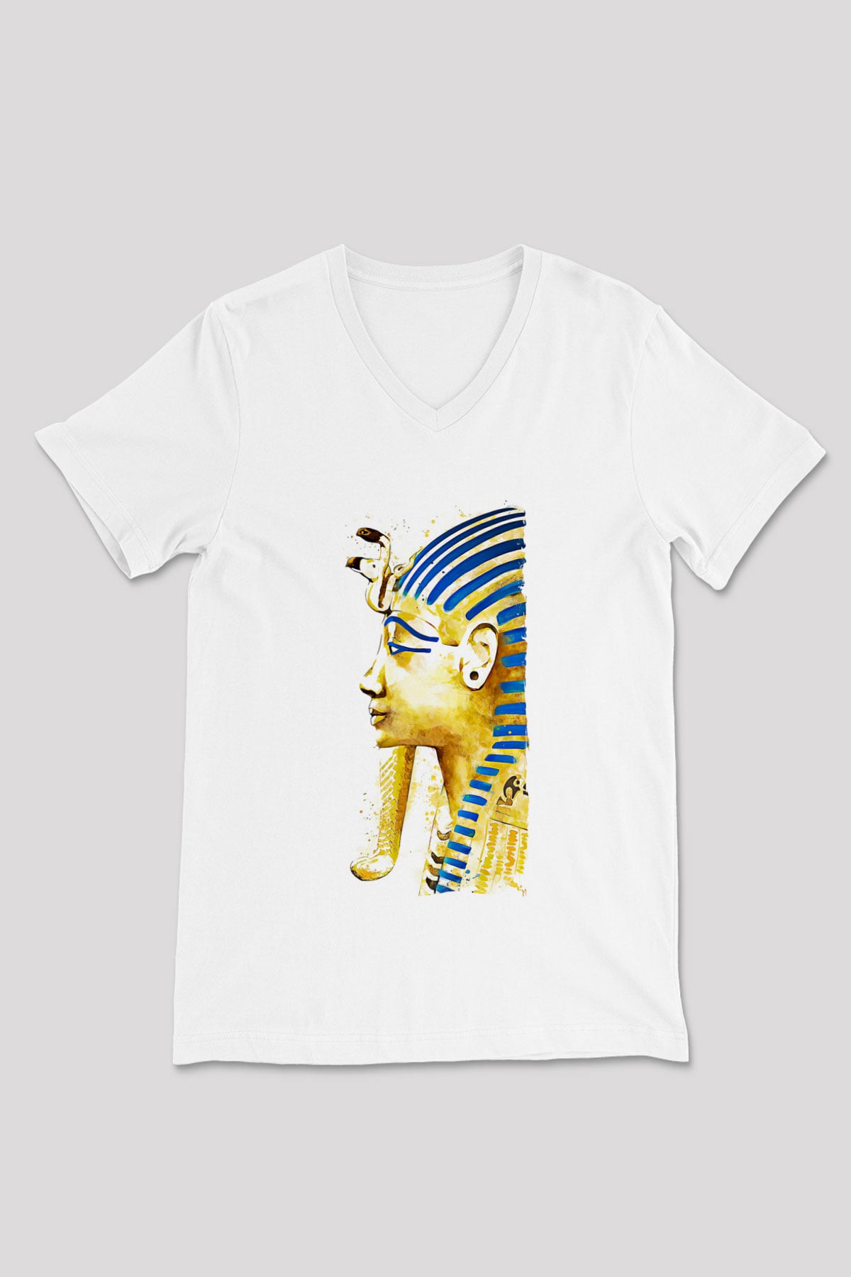 Tutankhamun Baskılı Beyaz Unisex V Yaka Tişört - Tshirt
