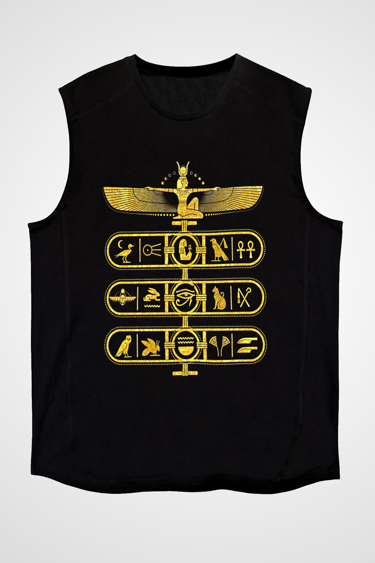 Tutankhamun Baskılı Unisex Siyah Kolsuz Tişört - Tshirt