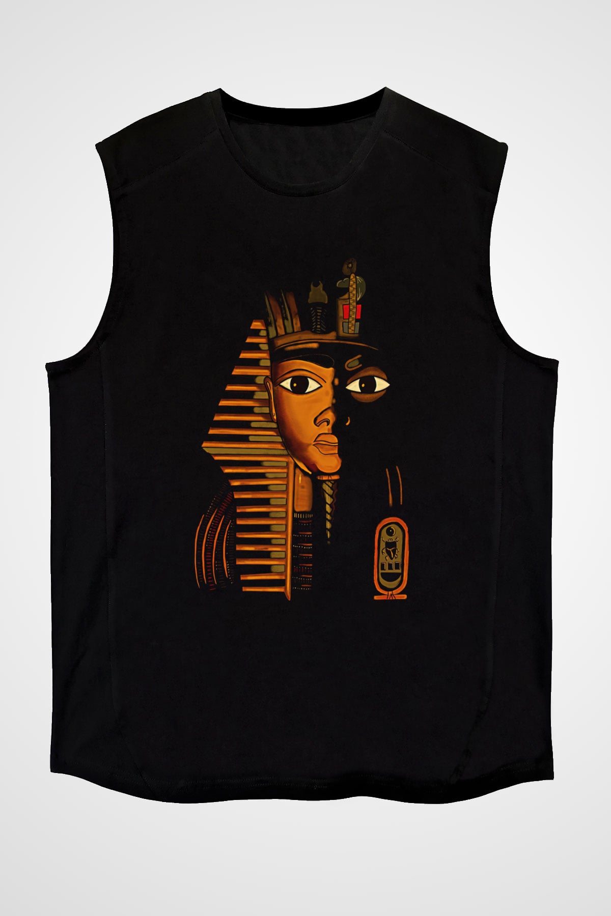 Tutankhamun Baskılı Unisex Siyah Kolsuz Tişört - Tshirt