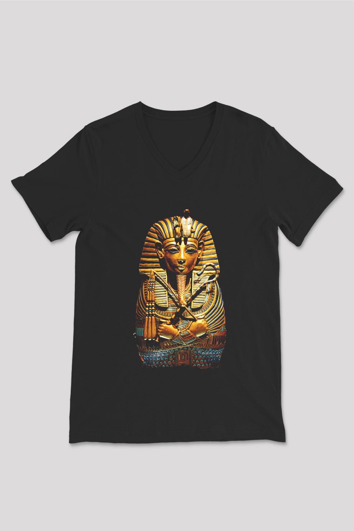 Tutankhamun Baskılı Unisex Siyah V Yaka Tişört - Tshirt