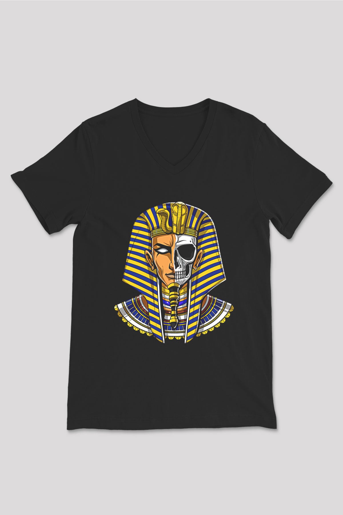 Tutankhamun Baskılı Unisex Siyah V Yaka Tişört - Tshirt