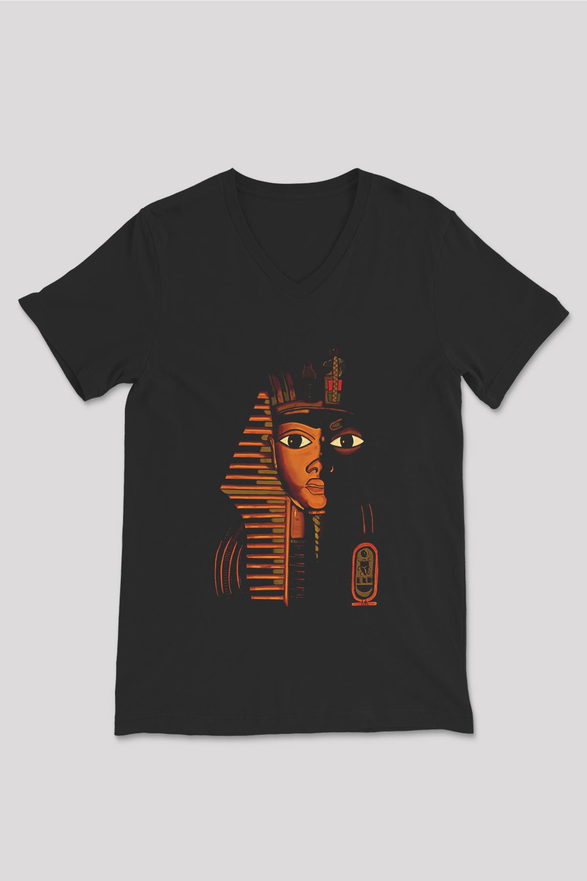 Tutankhamun Baskılı Unisex Siyah V Yaka Tişört - Tshirt