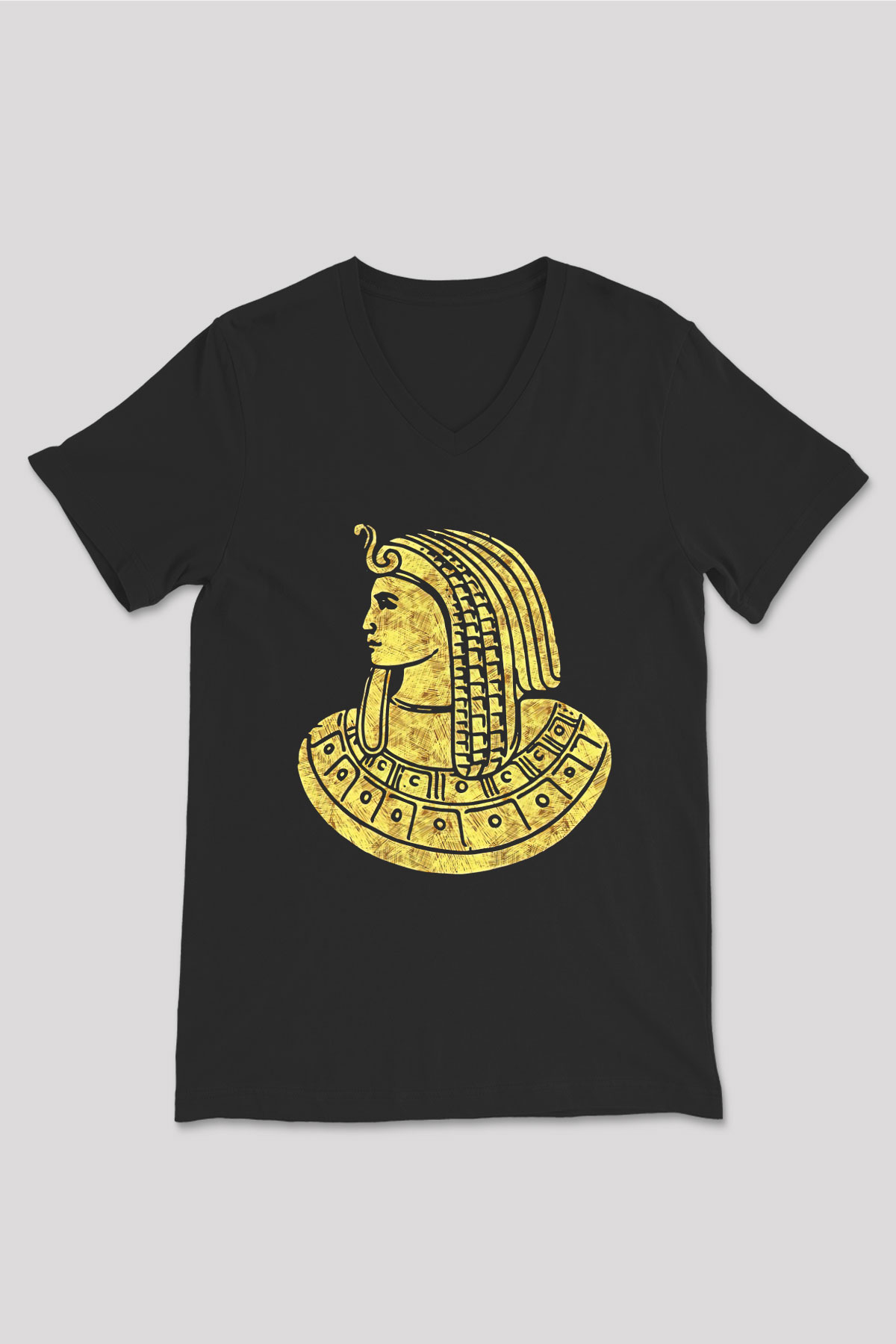 Tutankhamun Baskılı Unisex Siyah V Yaka Tişört - Tshirt