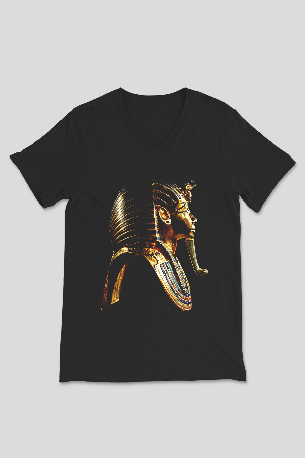 Tutankhamun Baskılı Unisex Siyah V Yaka Tişört - Tshirt