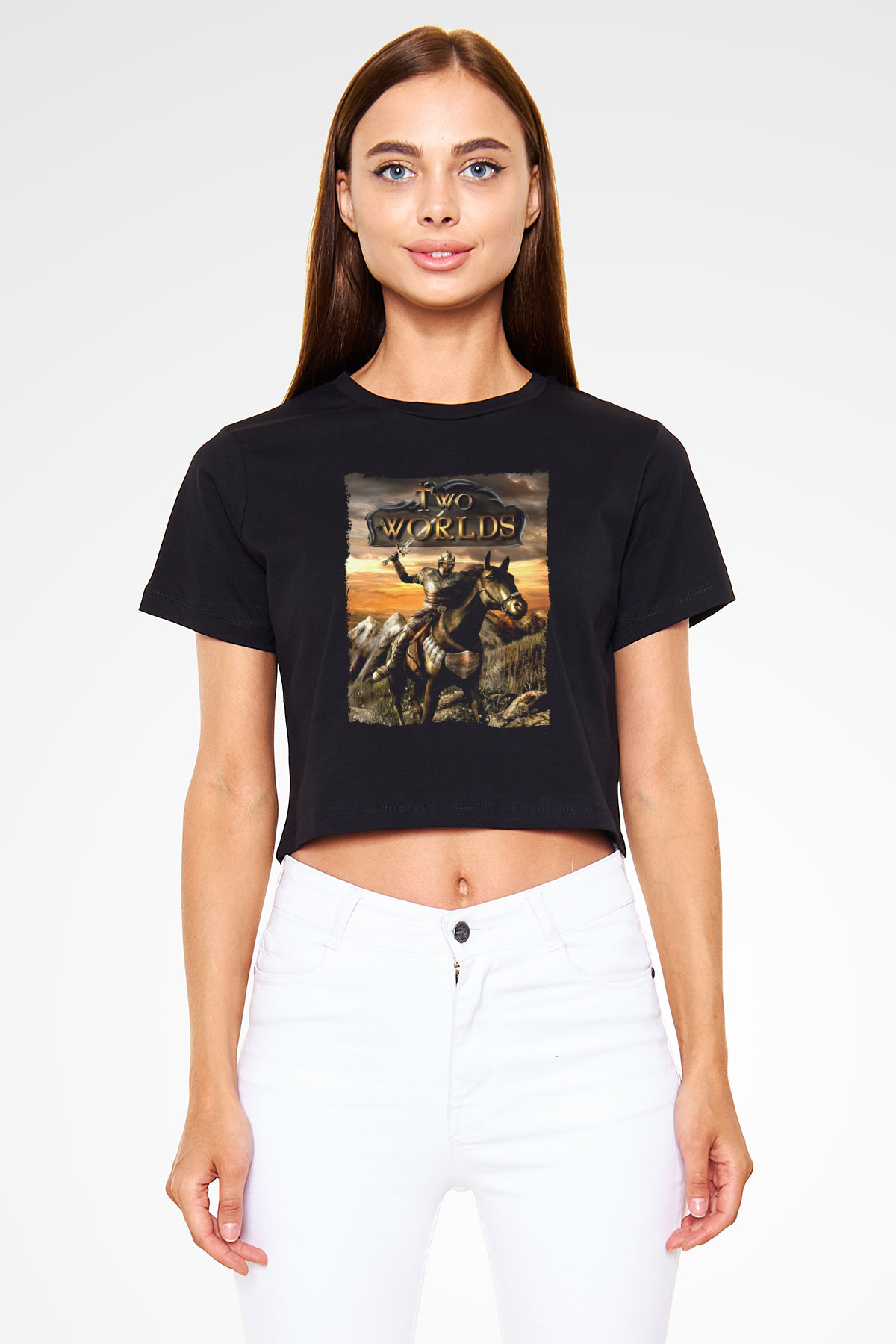 Two Worlds Siyah  Crop Top Tişört