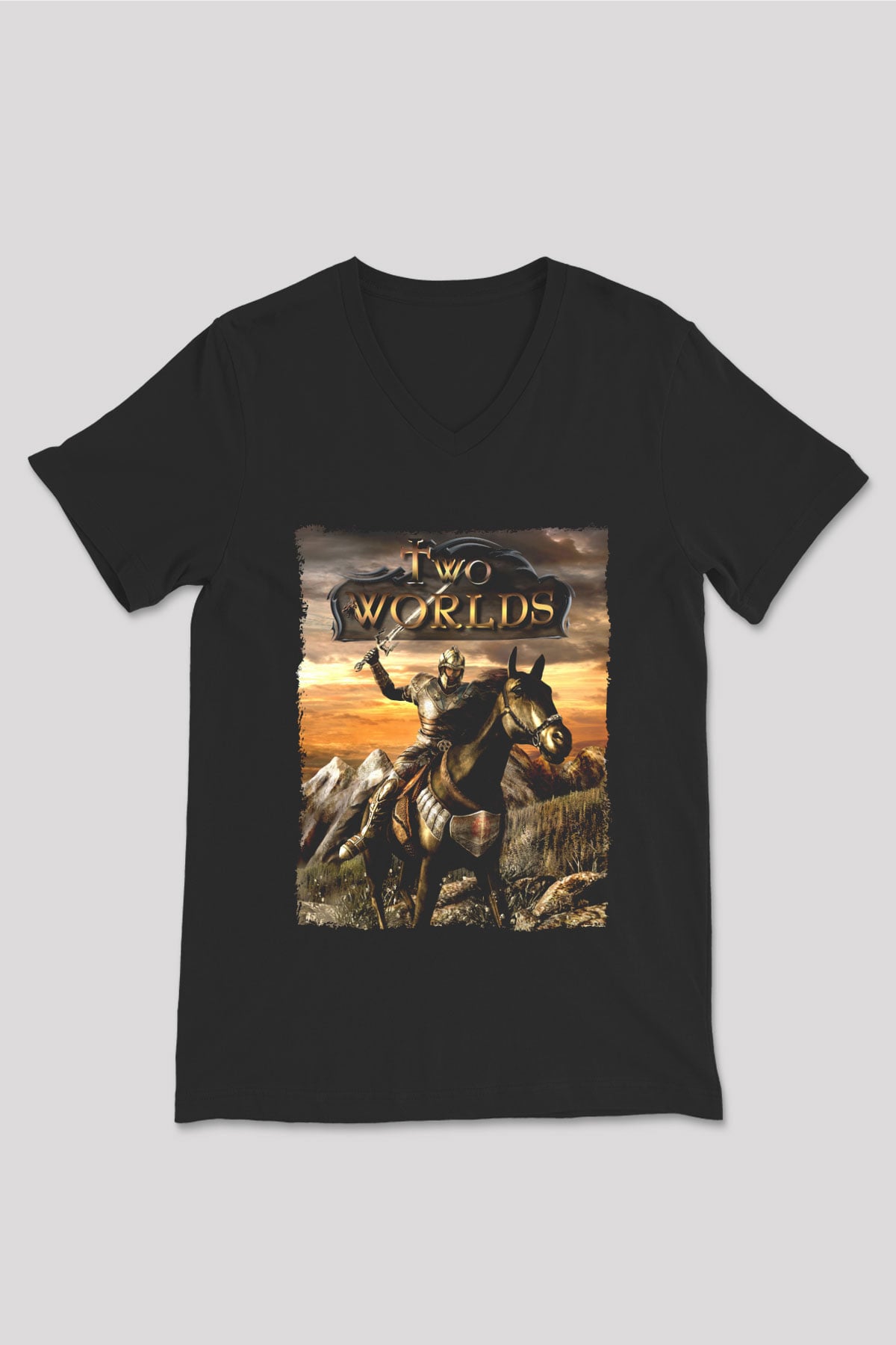 Two Worlds Siyah Unisex V Yaka Tişört