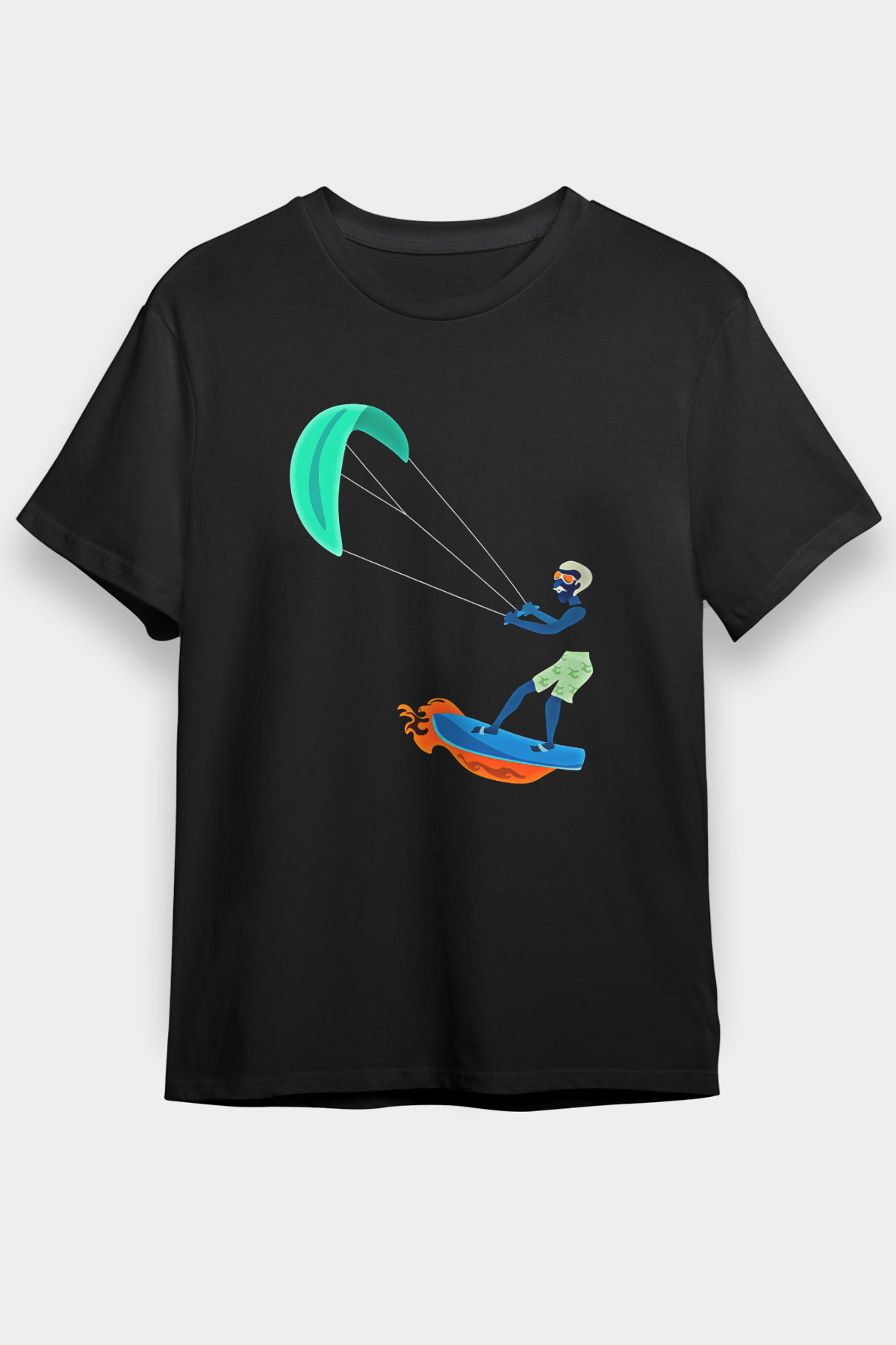 Uçurtma Kayağı - Kite Board Baskılı Unisex Siyah Tişört - Tshirt