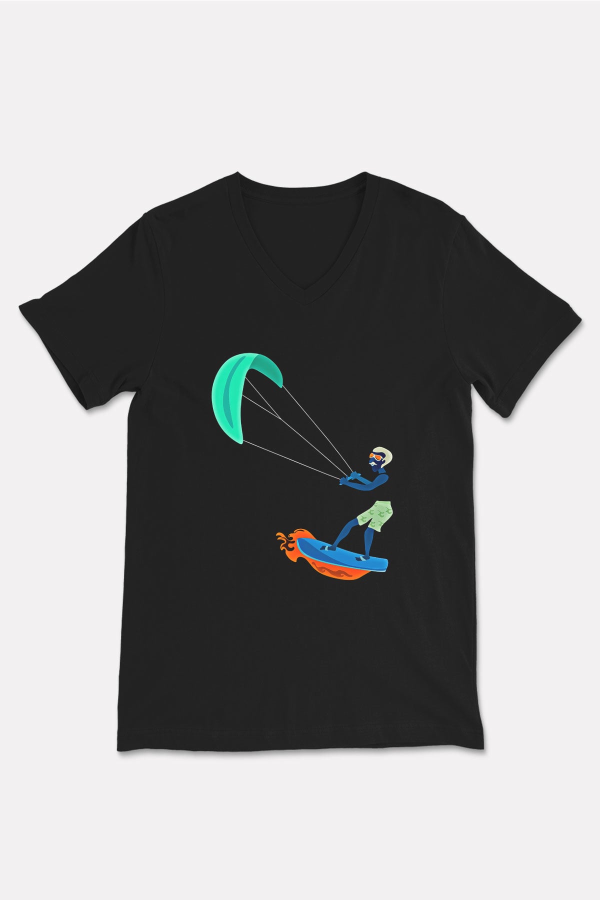 Uçurtma Kayağı - Kite Board Baskılı Unisex Siyah V Yaka Tişört