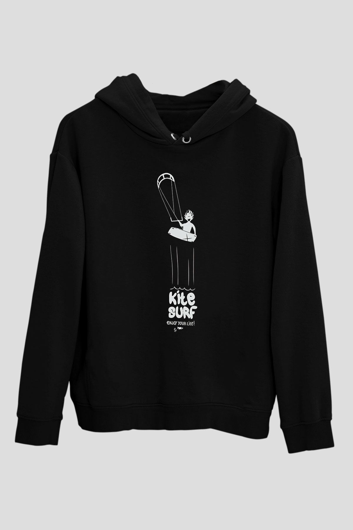 Uçurtma Kayağı - Kite Board Baskılı Unisex Siyah Kapüşonlu Sweatshirt