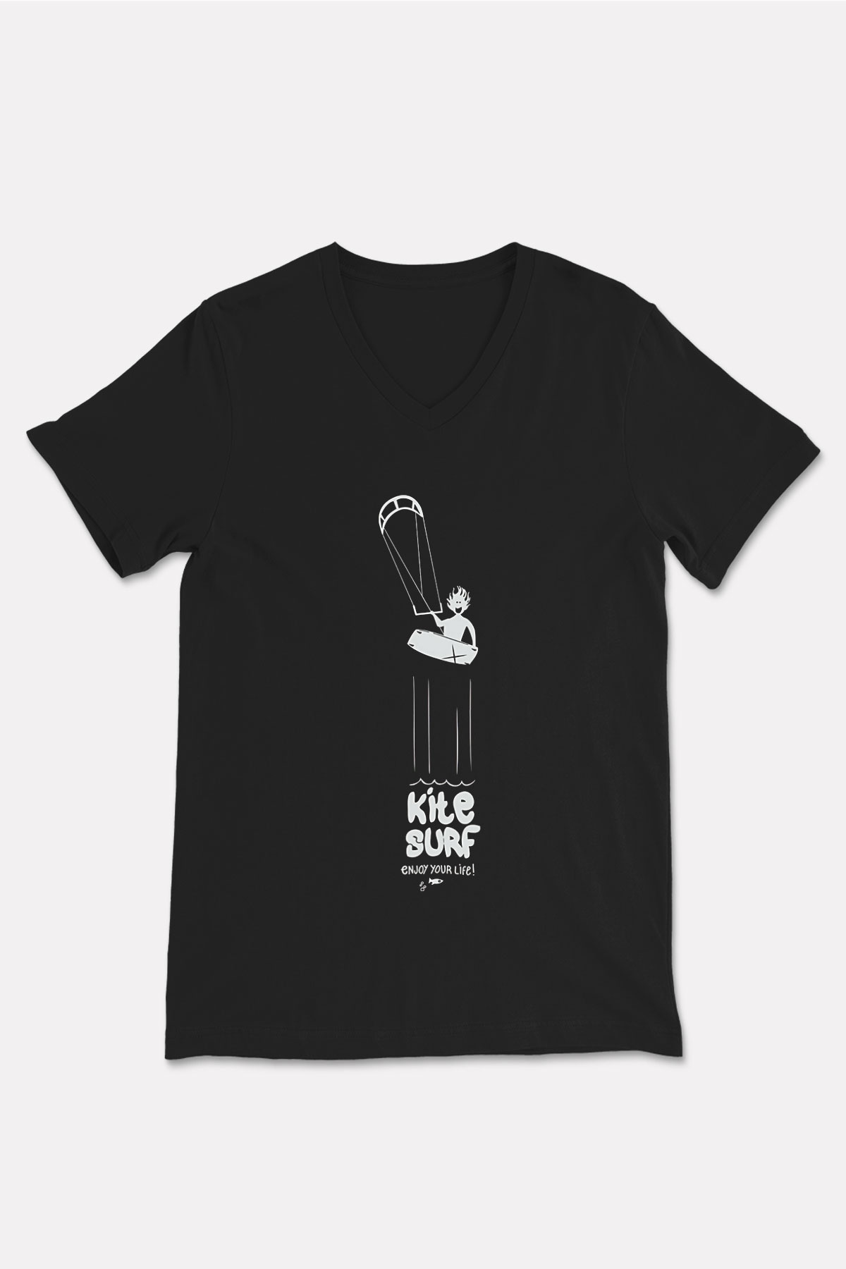 Uçurtma Kayağı - Kite Board Baskılı Unisex Siyah V Yaka Tişört