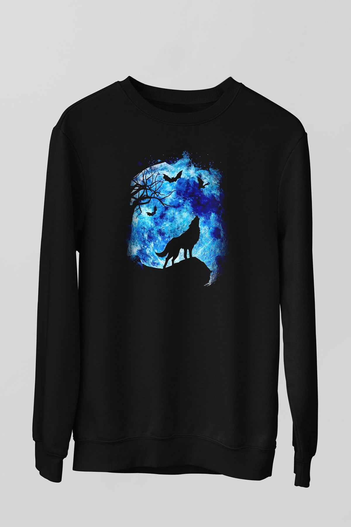 Uluyan Kurt Temalı Baskılı Siyah  Sweatshirt