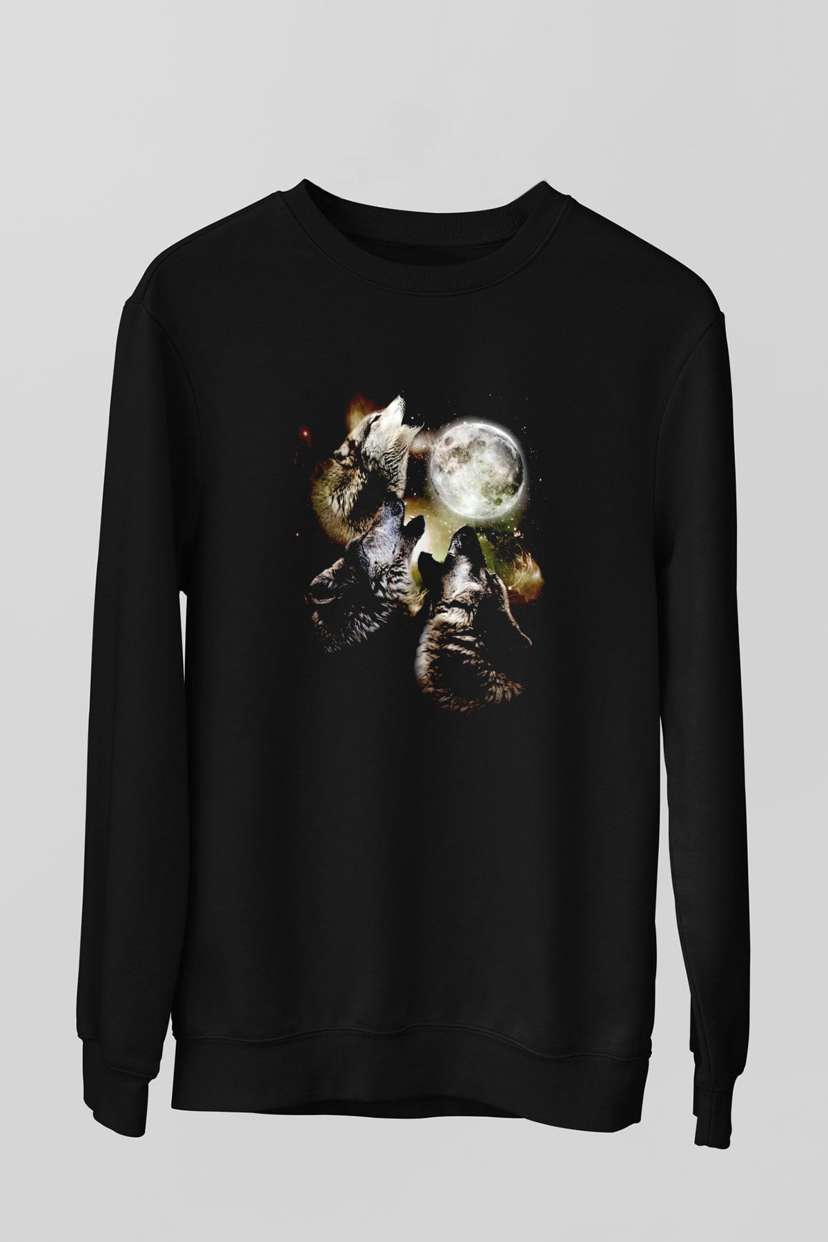 Uluyan Kurtlar Baskılı Unisex Siyah  Sweatshirt