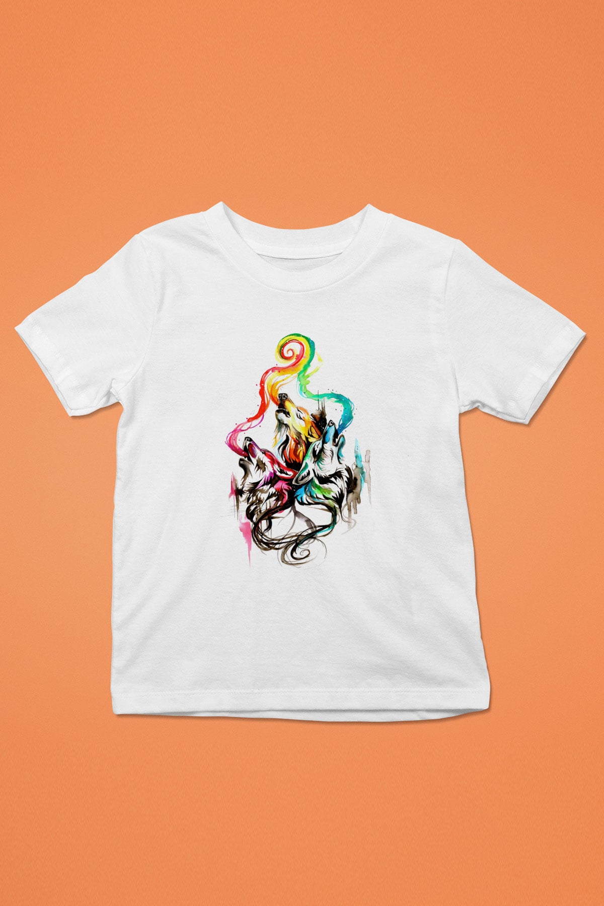 Uluyan Renkli Kurtlar Baskılı Unisex Beyaz  Çocuk Tişört
