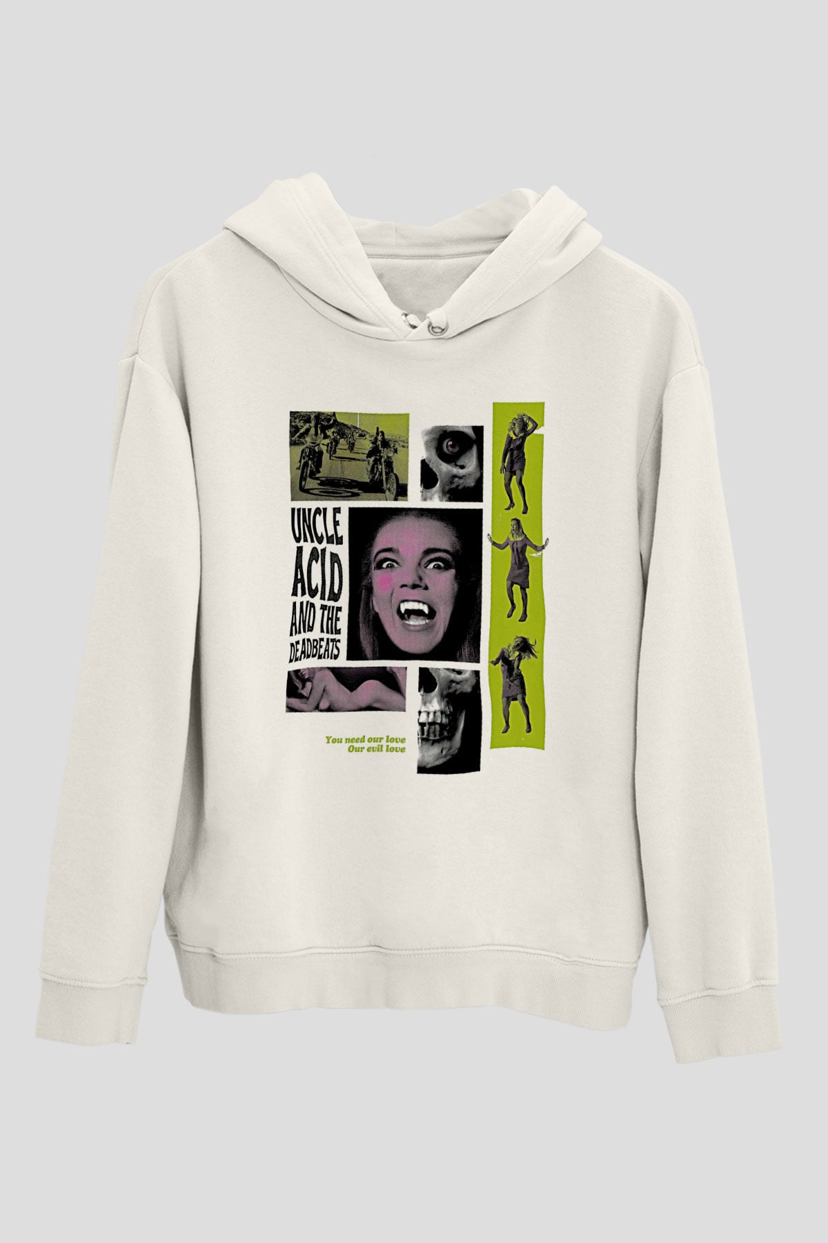 Uncle Acid Baskılı Beyaz Unisex Kapüşonlu Sweatshirt