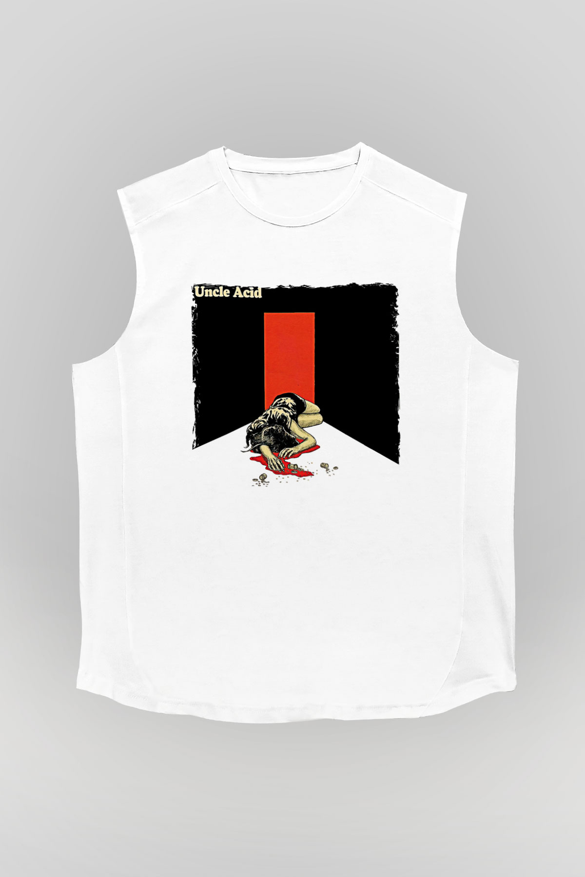 Uncle Acid Baskılı Beyaz Unisex Kolsuz Tişört - Tshirt