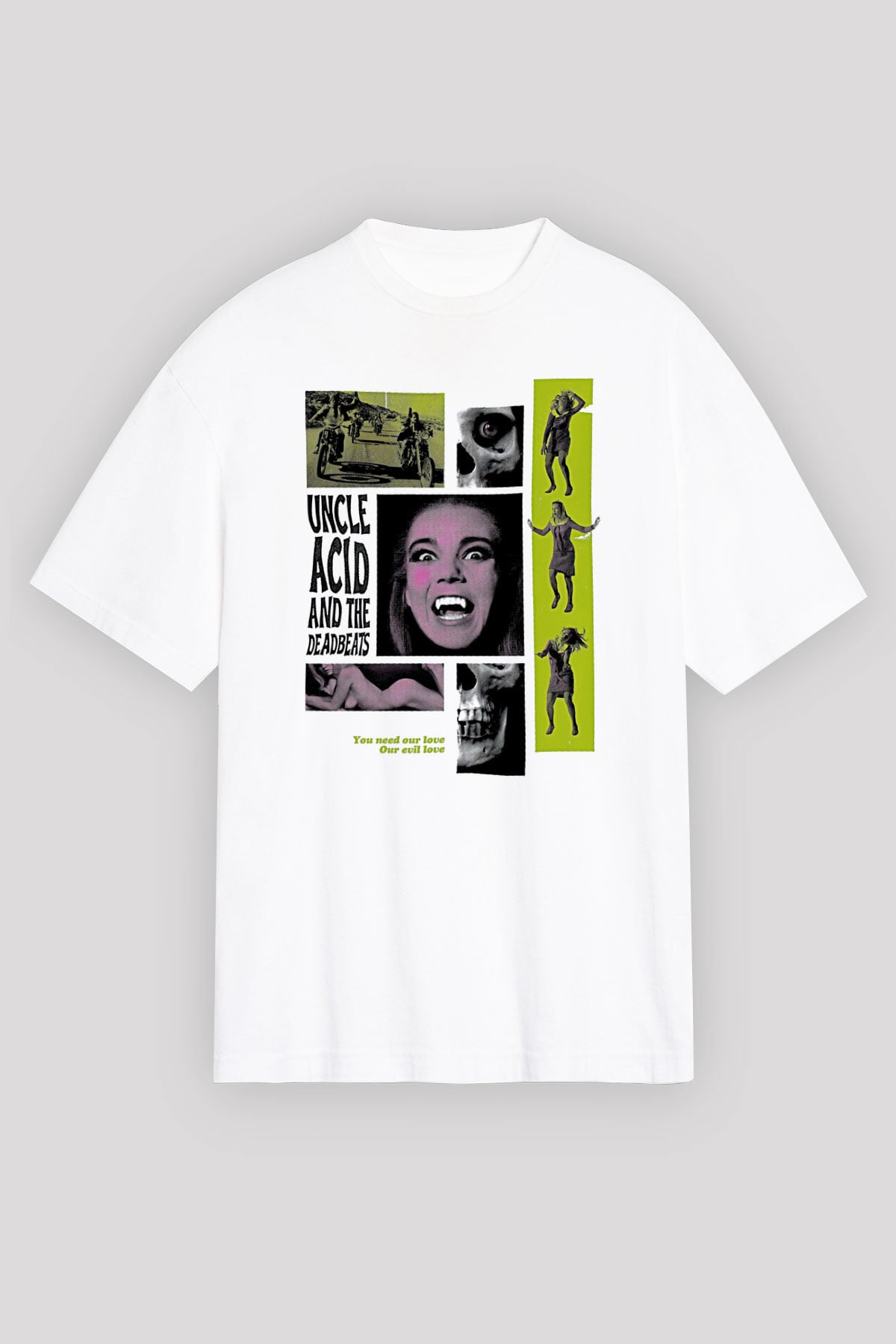 Uncle Acid Baskılı Beyaz Unisex Oversize Tişört - Tshirt
