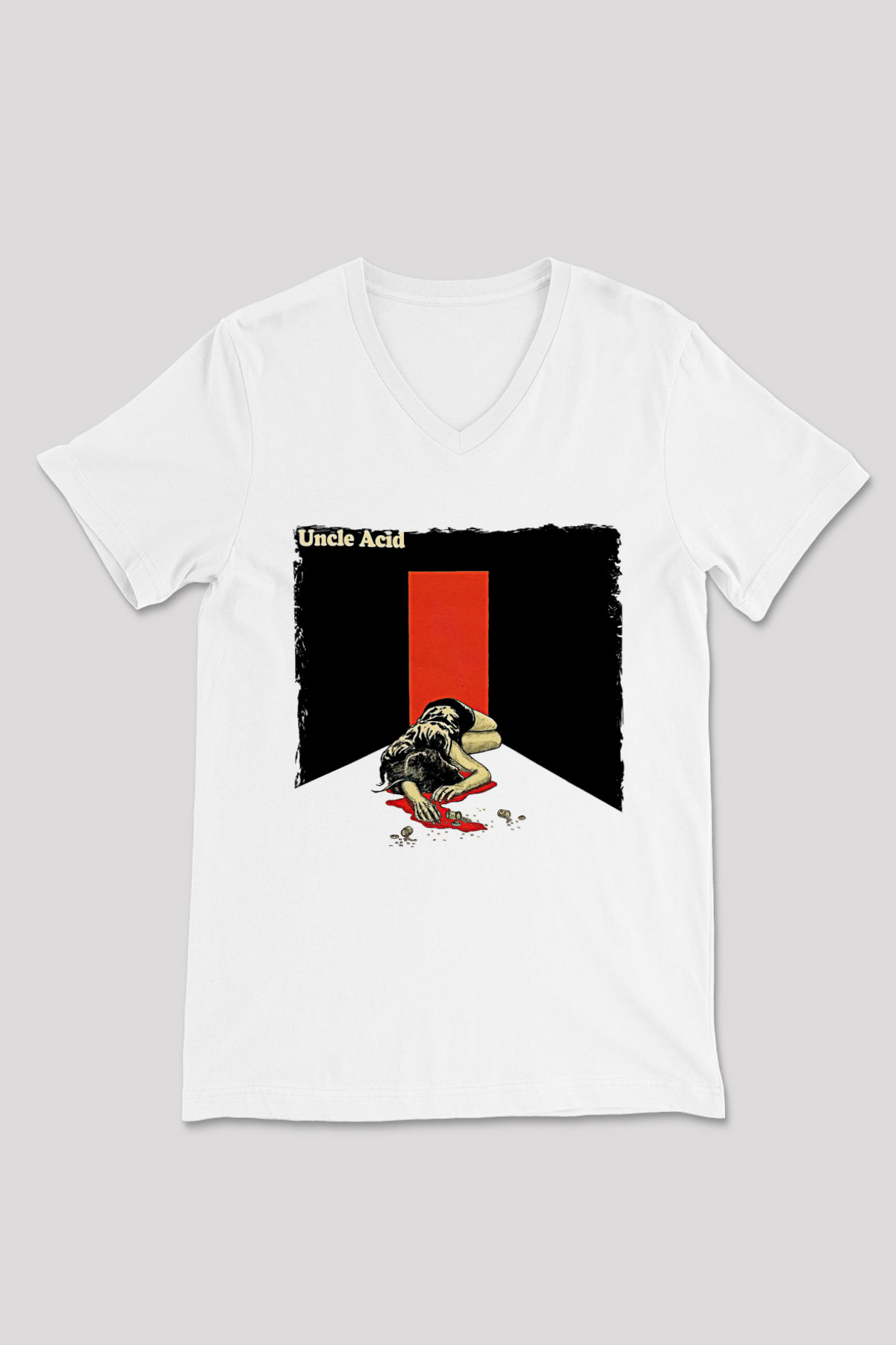 Uncle Acid Baskılı Beyaz Unisex V Yaka Tişört - Tshirt