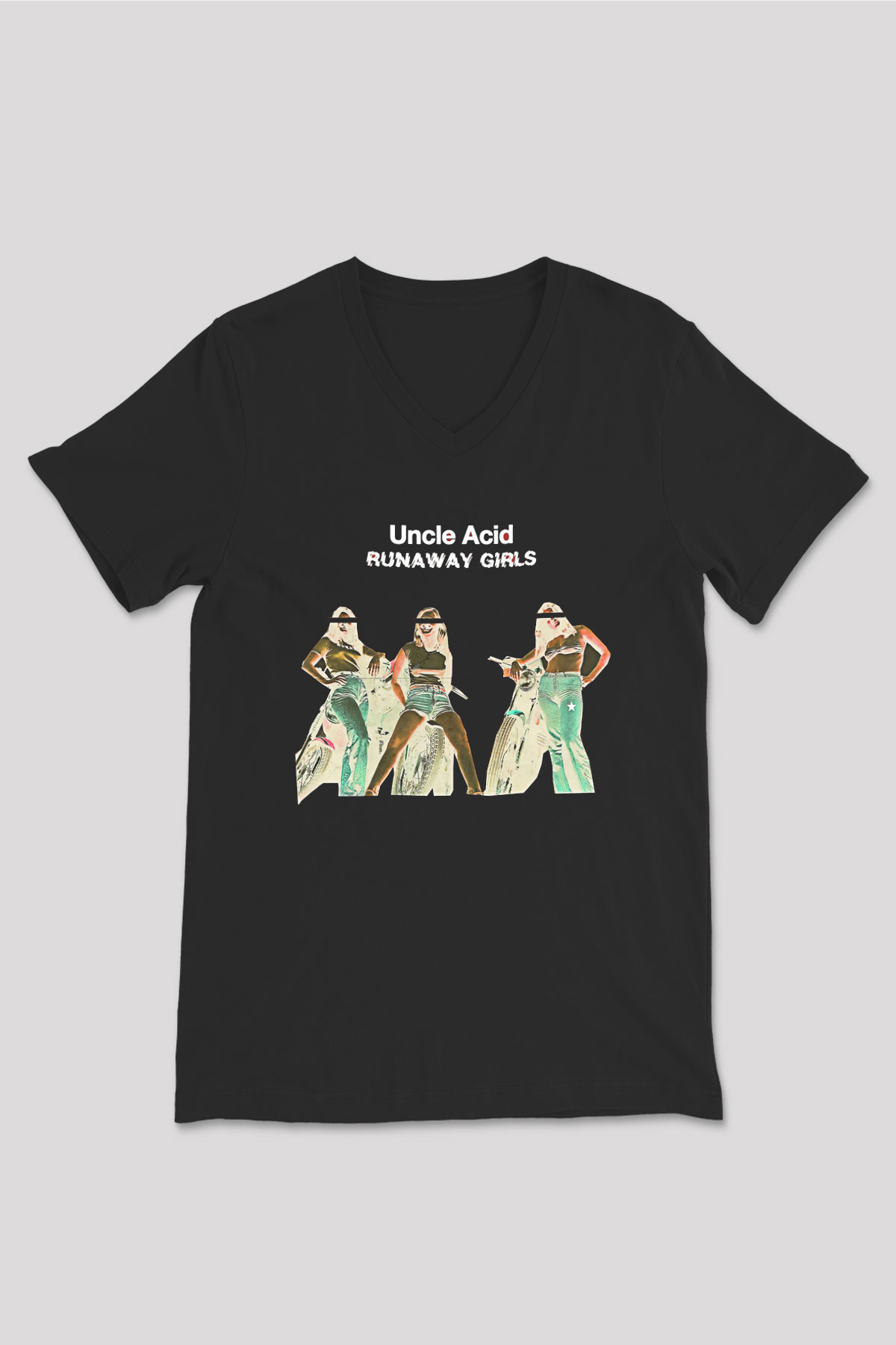 Uncle Acid Baskılı Unisex Siyah V Yaka Tişört - Tshirt