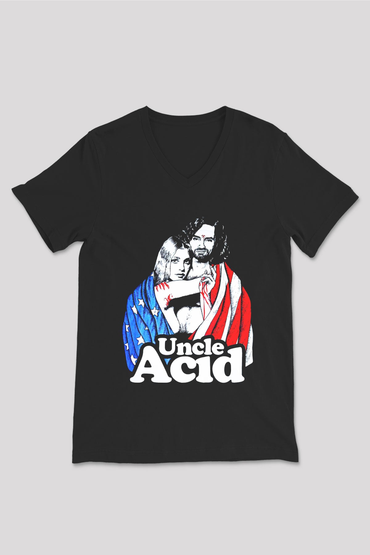 Uncle Acid Baskılı Unisex Siyah V Yaka Tişört - Tshirt