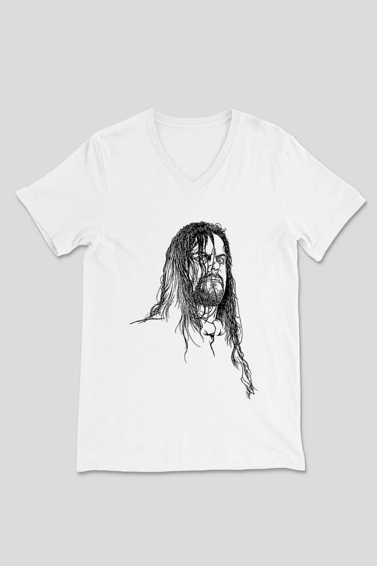 Undertaker Baskılı Beyaz Unisex V Yaka Tişört - Tshirt