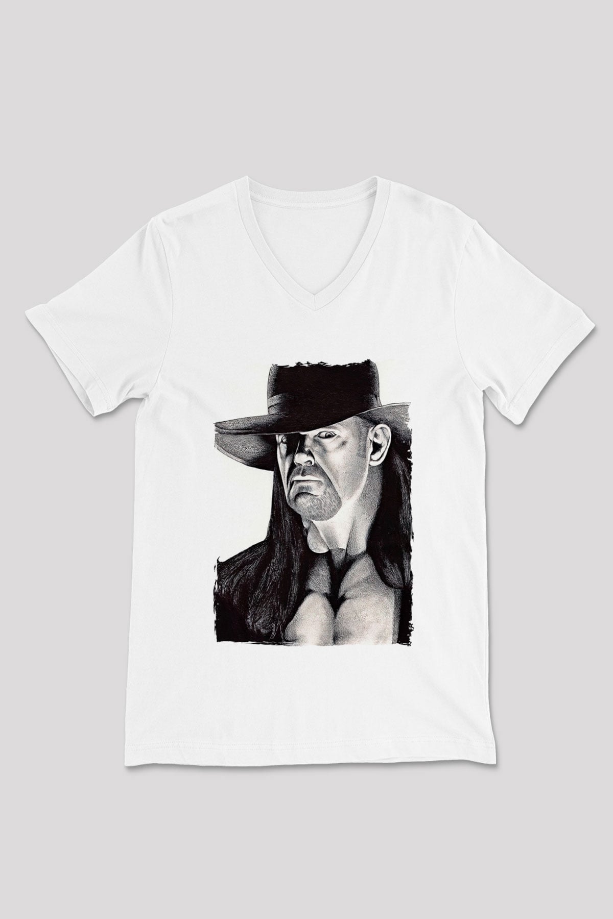 Undertaker Baskılı Beyaz Unisex V Yaka Tişört - Tshirt