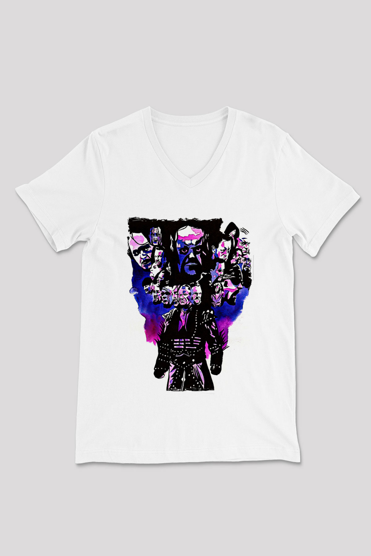 Undertaker Baskılı Beyaz Unisex V Yaka Tişört - Tshirt