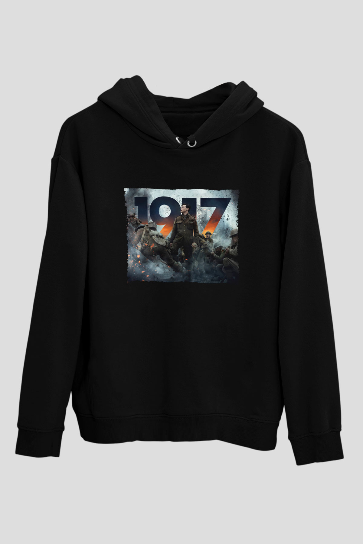 Unisex 1917 Baskılı Siyah Kapüşonlu Sweatshirt