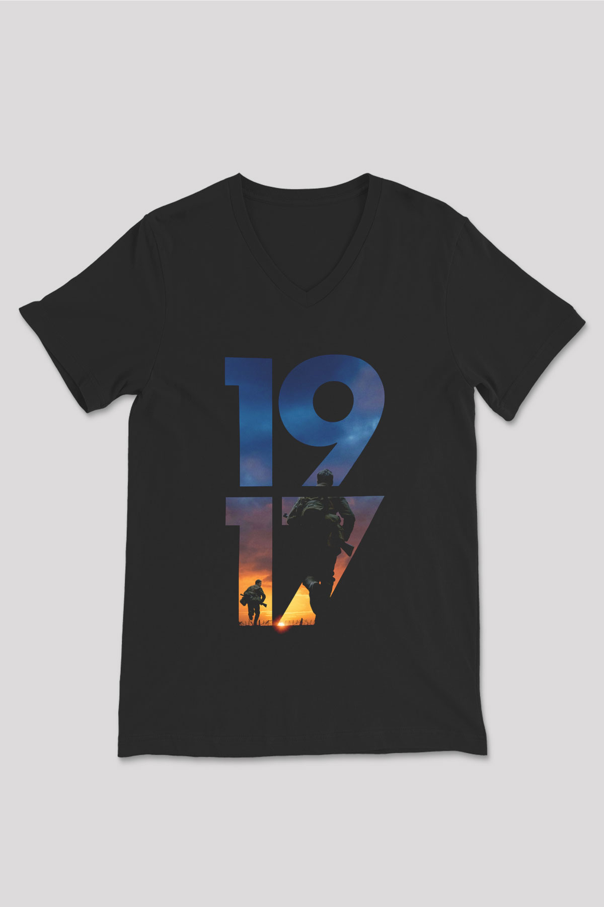 Unisex 1917 Baskılı Siyah V Yaka T-shirt
