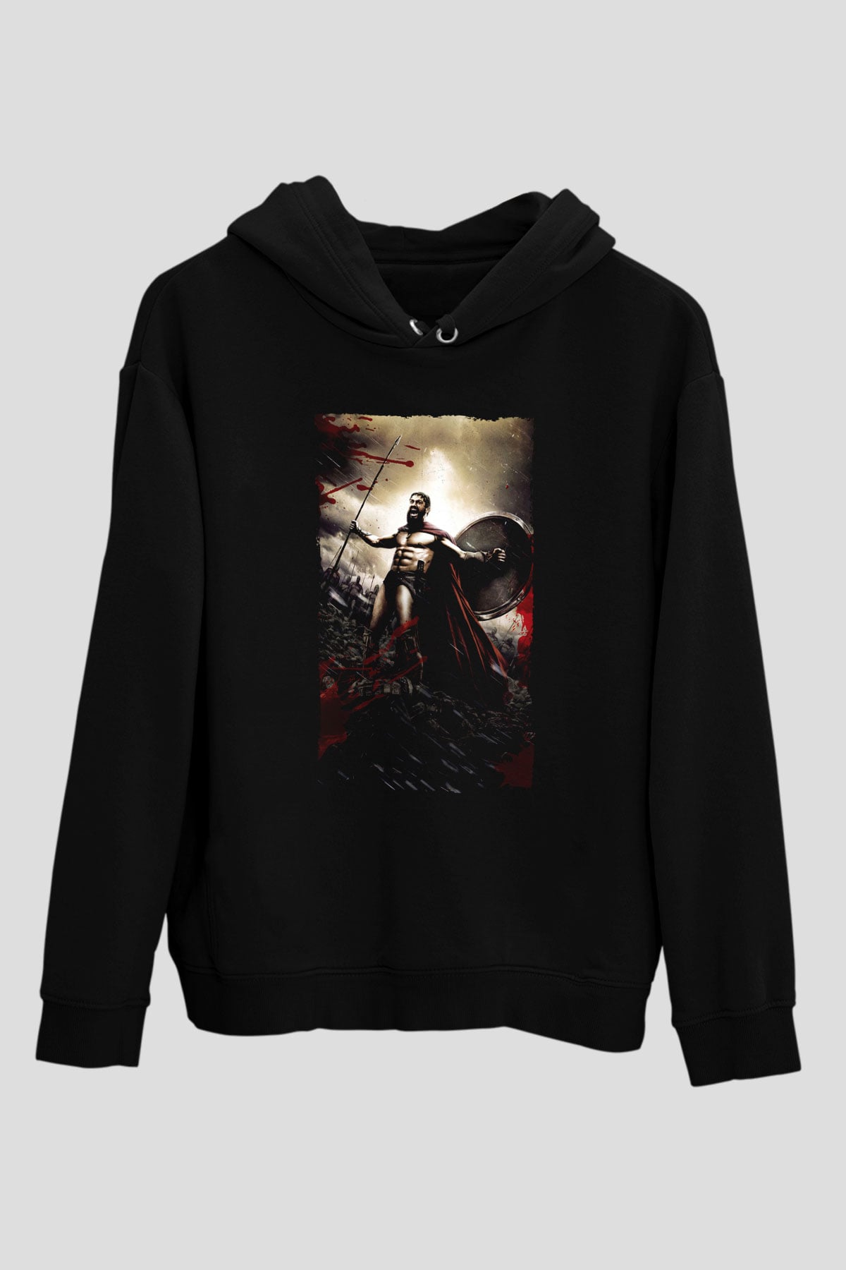 Unisex 300 Spartalı Baskılı Siyah Kapüşonlu Sweatshirt