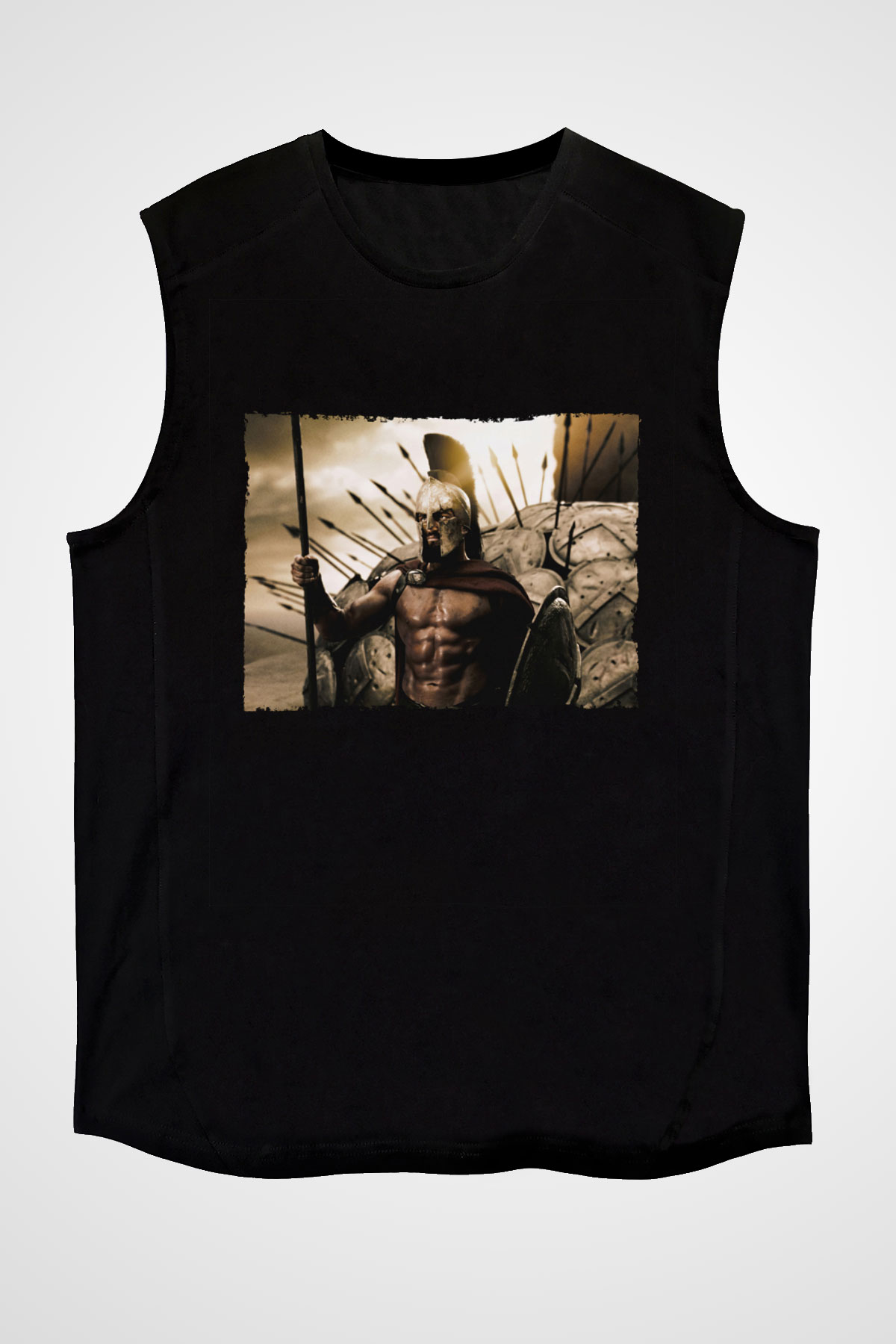 Unisex 300 Spartalı Baskılı Siyah Kolsuz T-shirt