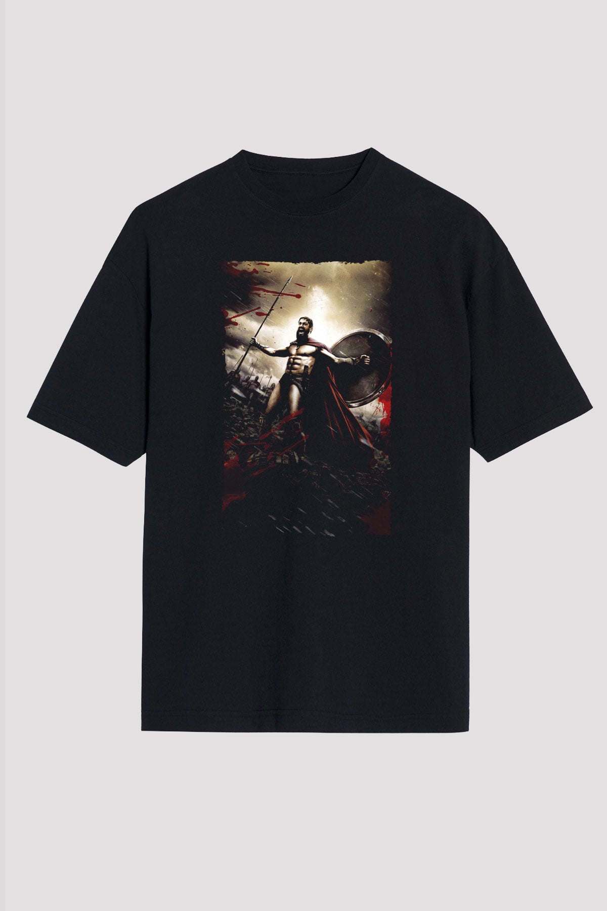 Unisex 300 Spartalı Baskılı Siyah Oversize Tshirt
