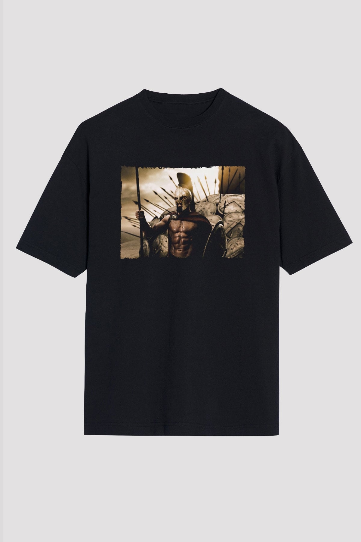 Unisex 300 Spartalı Baskılı Siyah Oversize T-shirt