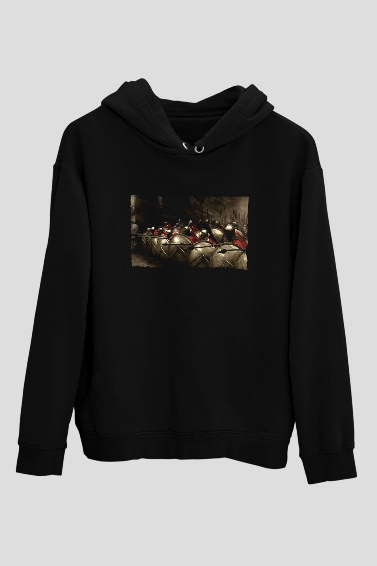 Unisex 300 SpartalıBaskılı Siyah Kapüşonlu Sweatshirt