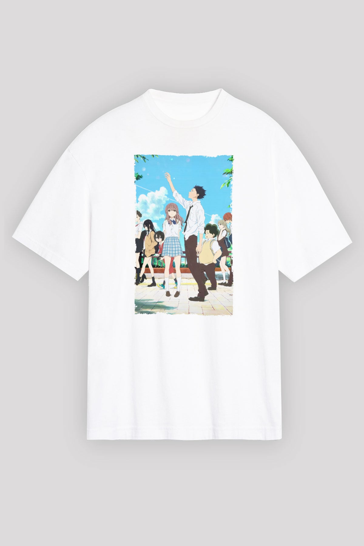 Unisex A Silent Voice Baskılı Beyaz Oversize Oversize T-shirt