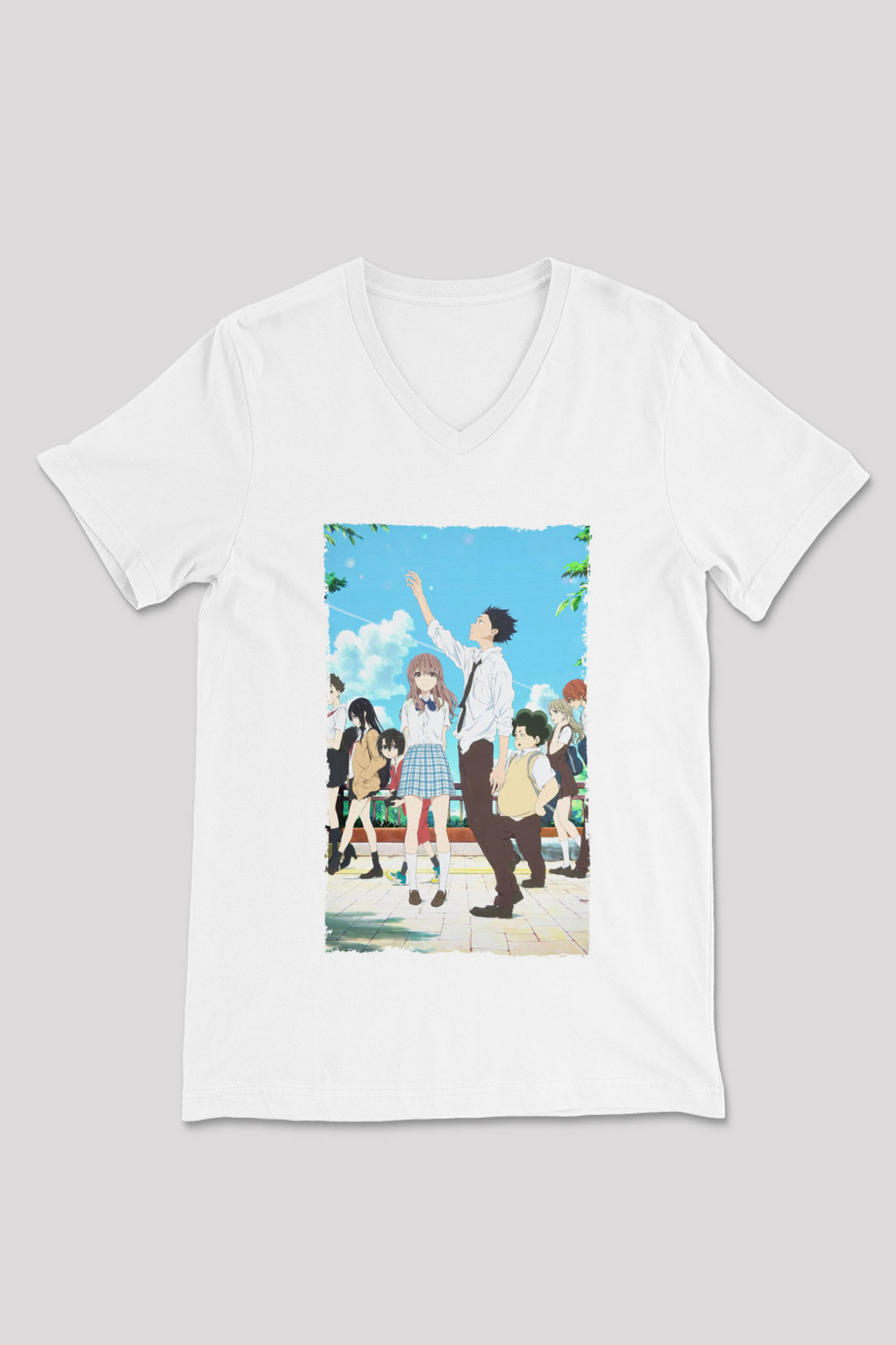 Unisex A Silent Voice Baskılı Beyaz V Yaka Tshirt