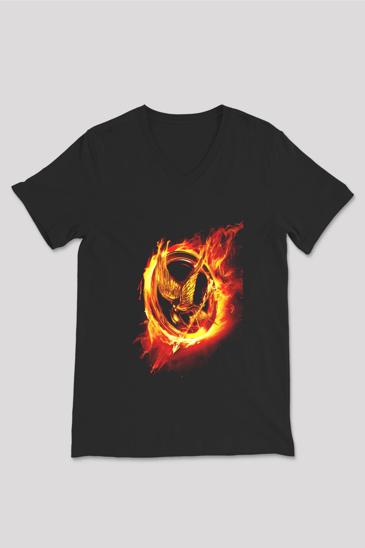 Unisex Açlık Oyunları (The Hunger Games) Baskılı Siyah V Yaka T-shirt