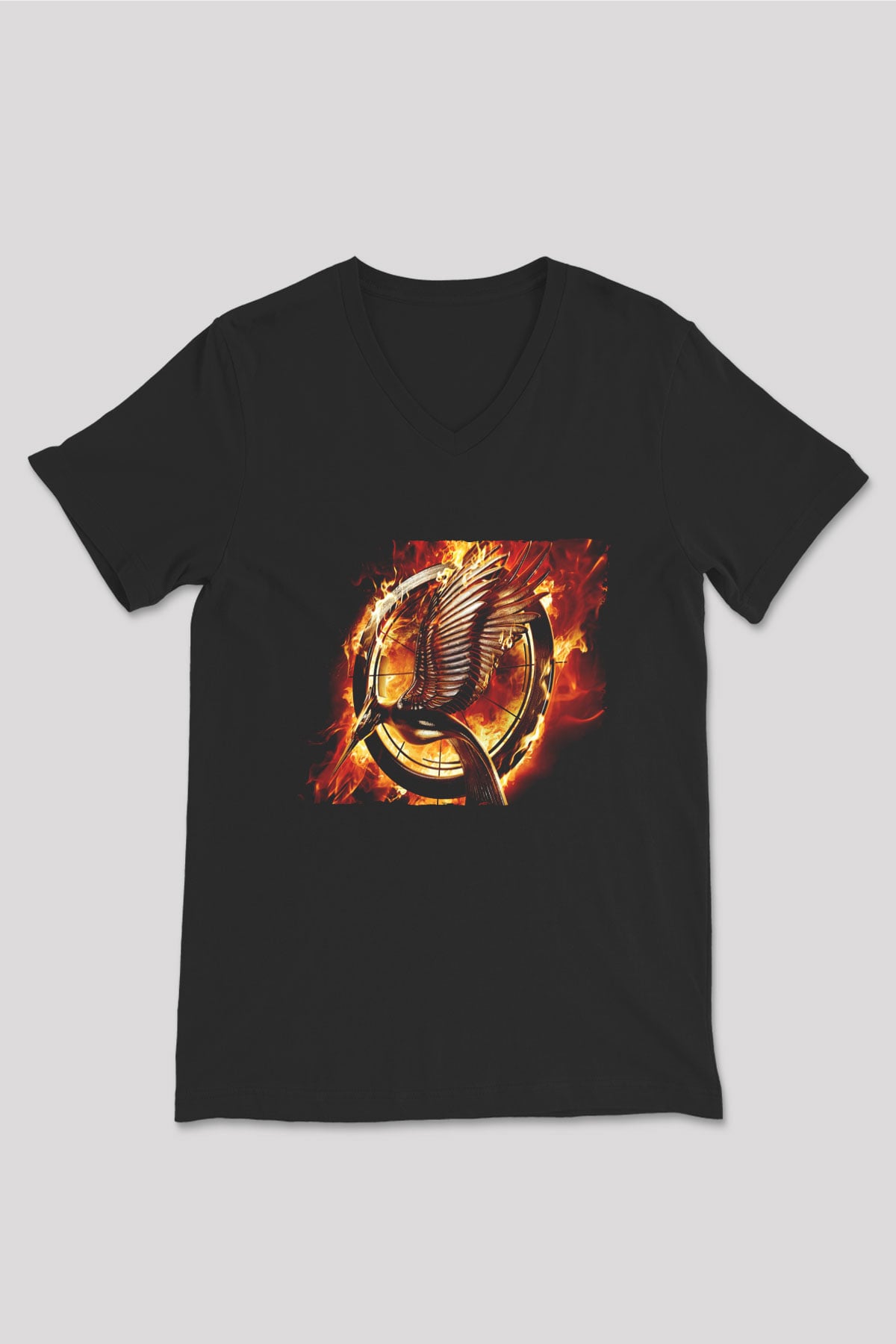 Unisex Açlık Oyunları (The Hunger Games) Baskılı Siyah Unisex V Yaka Tişört