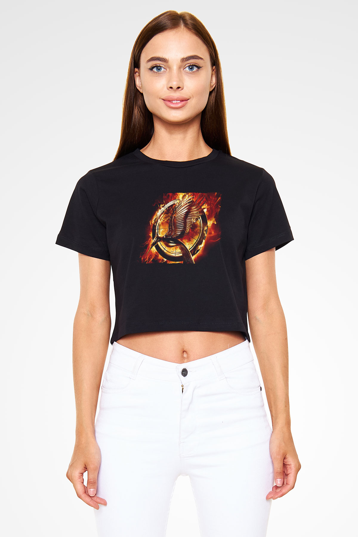 Unisex Açlık Oyunları (The Hunger Games) Baskılı Siyah Unisex Crop Top Tişört