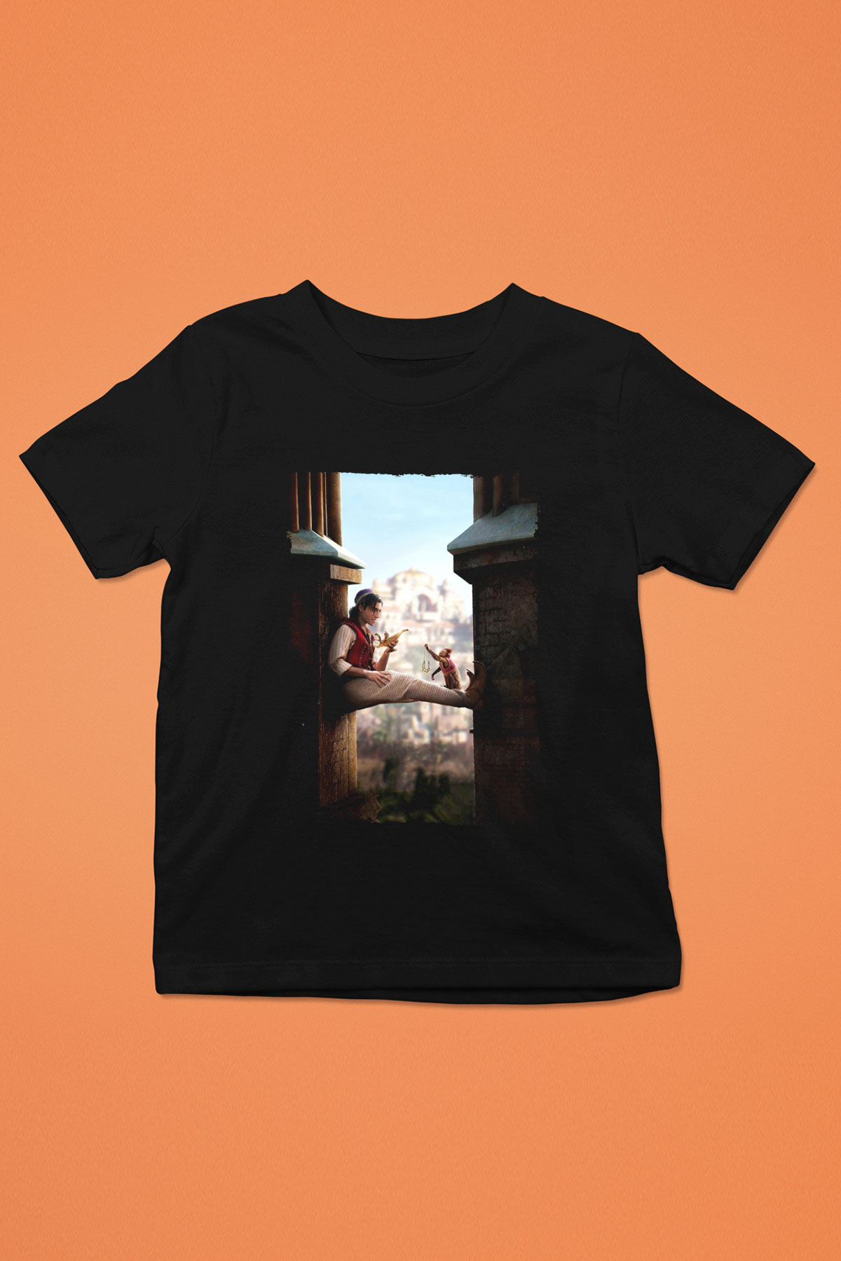 Unisex Aladdin Baskılı Siyah Çocuk Tişört