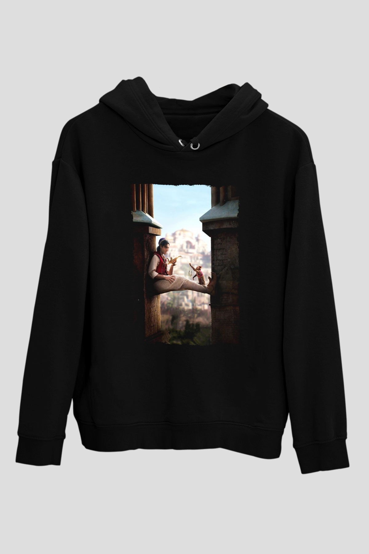 Unisex Aladdin Baskılı Siyah Kapüşonlu Sweatshirt
