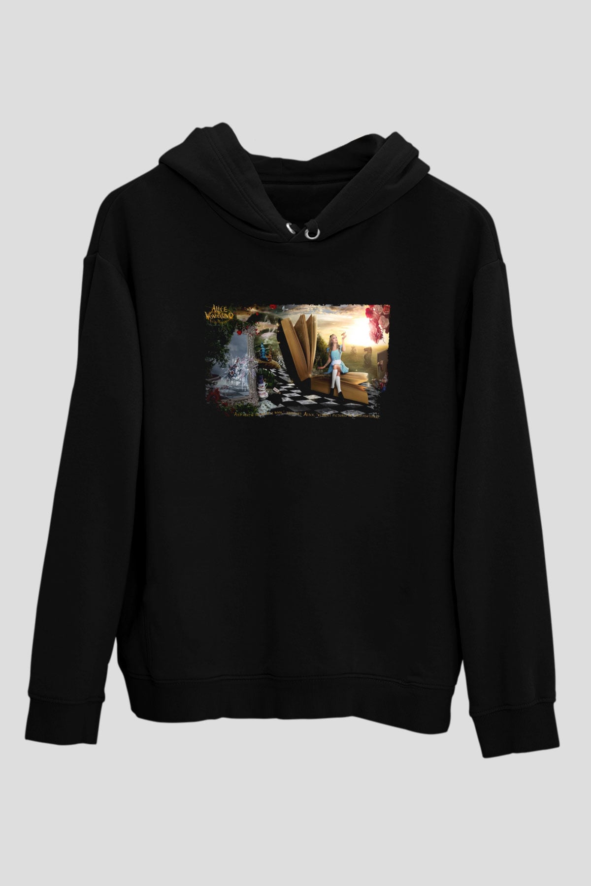 Unisex Alis Harikalar Diyarında Baskılı Siyah Kapüşonlu Sweatshirt