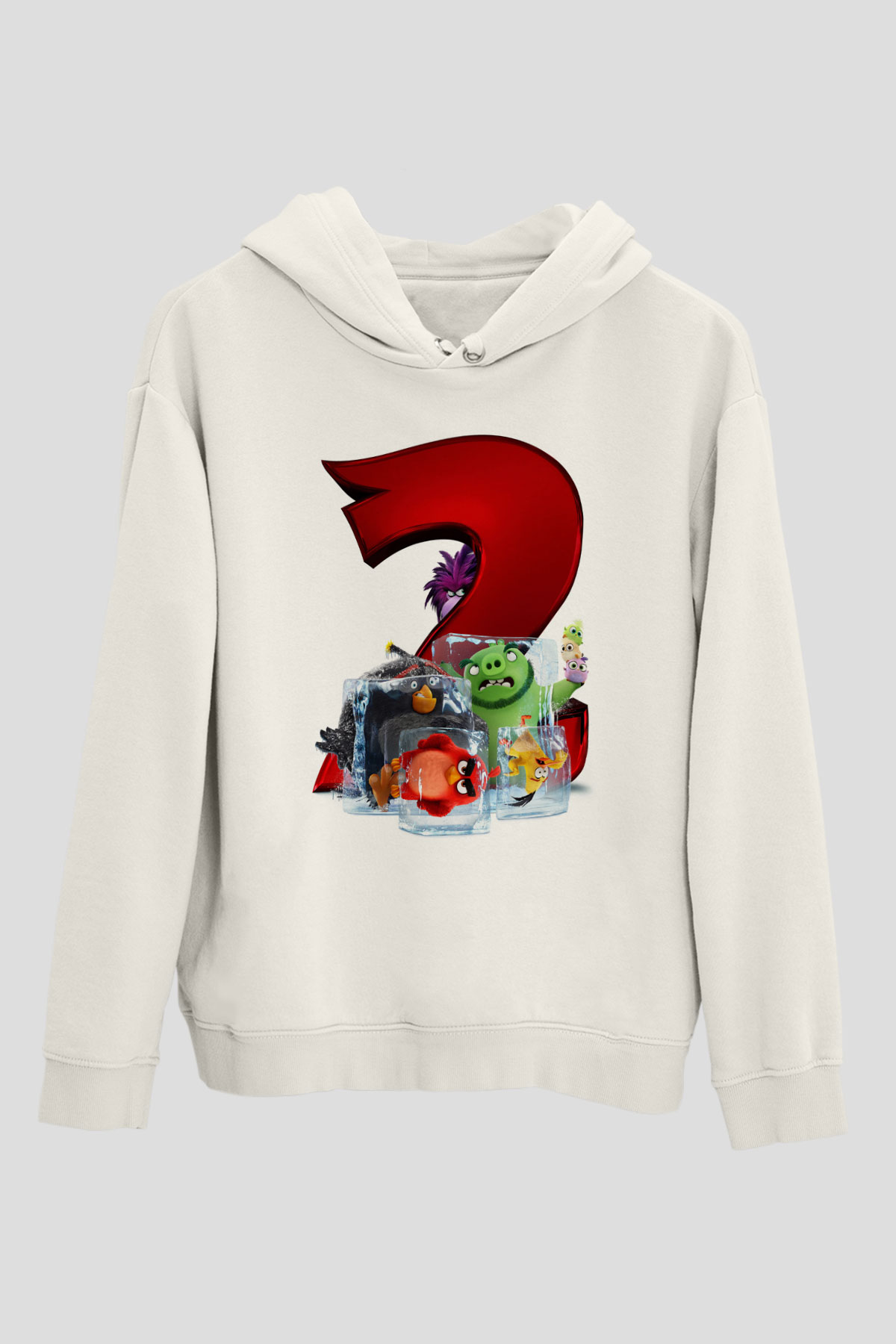 Unisex Angry Birds Baskılı Beyaz Kapüşonlu Sweatshirt