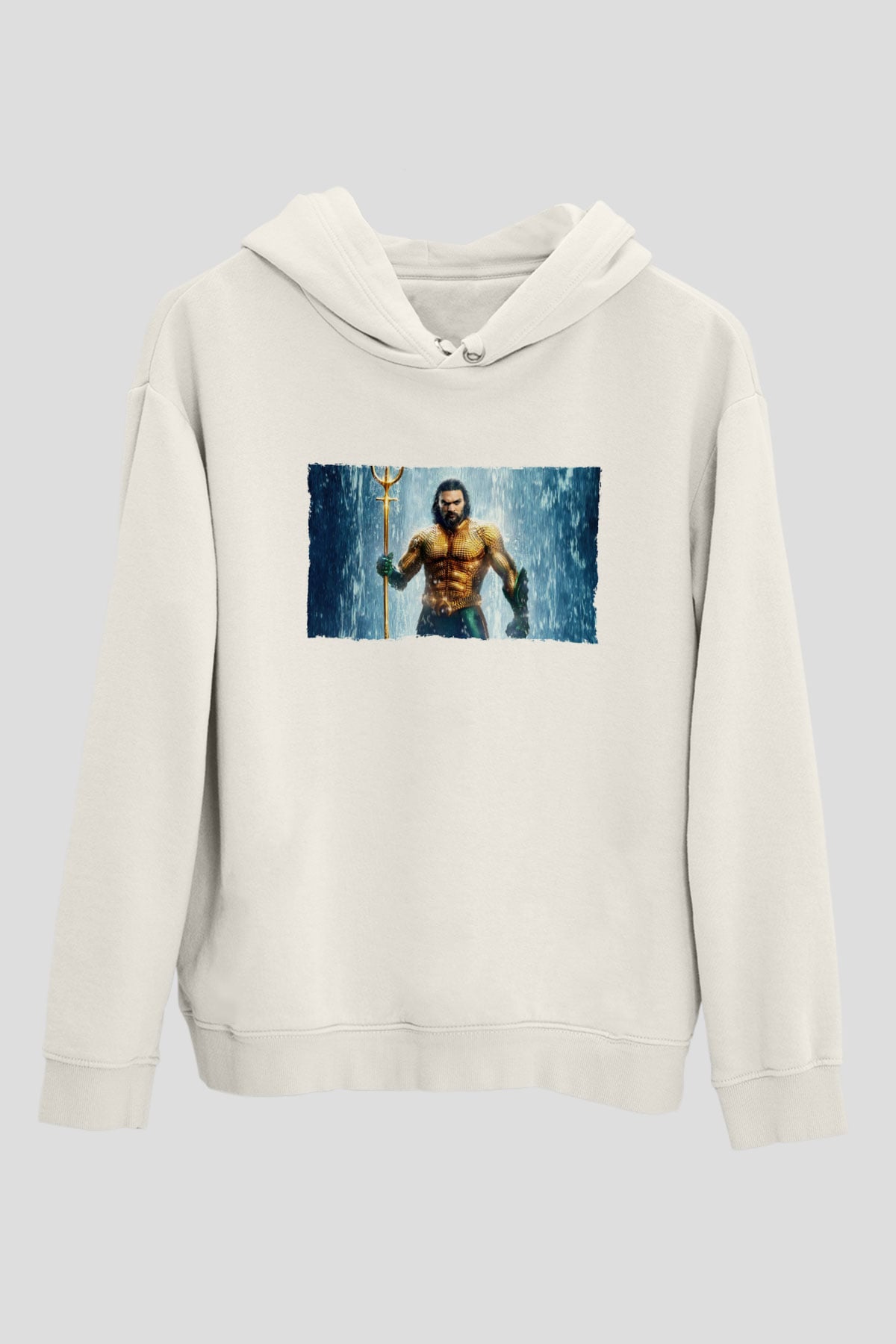 Unisex Aquaman Baskılı Beyaz Kapüşonlu Sweatshirt