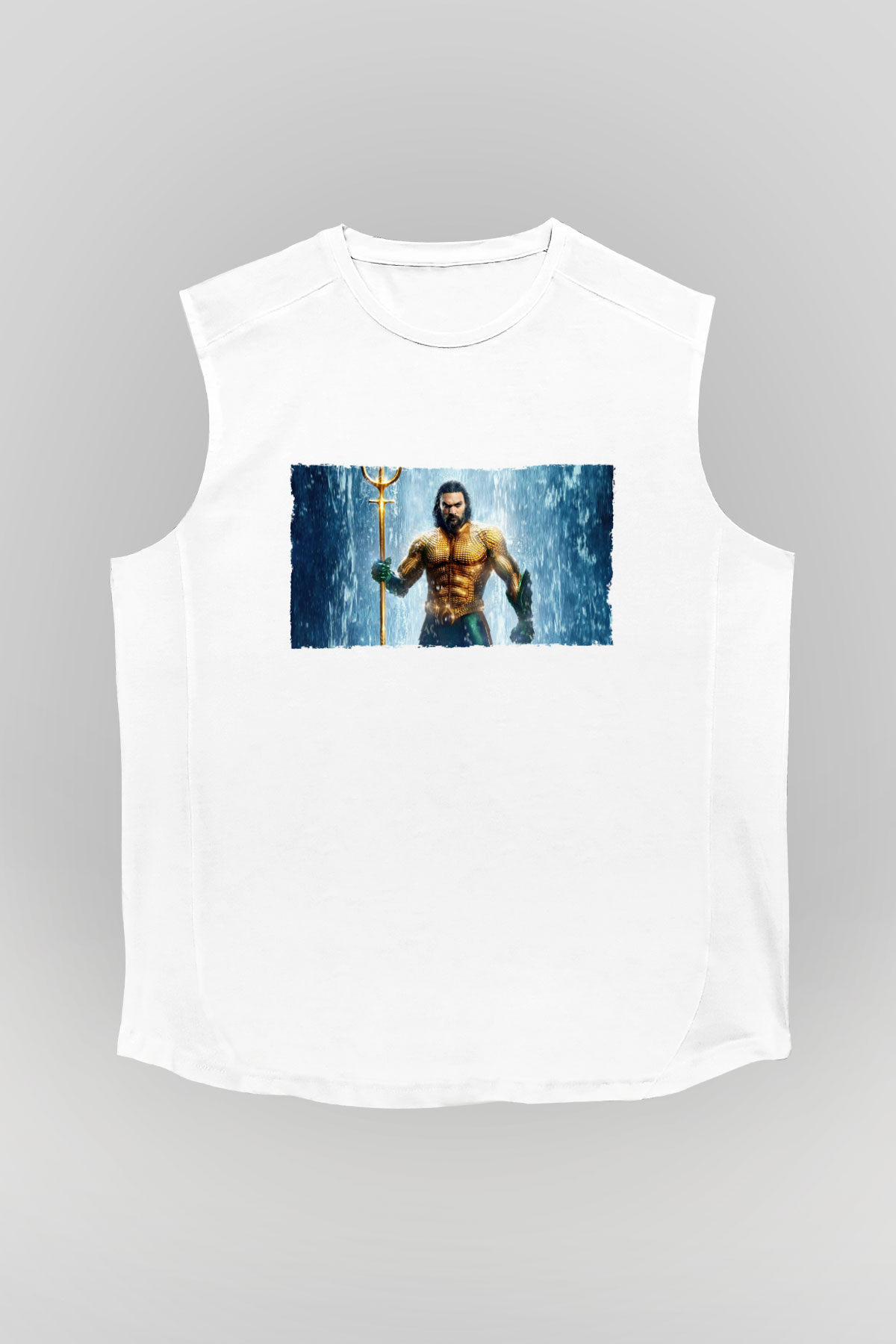 Unisex Aquaman Baskılı Beyaz Kolsuz Tişört