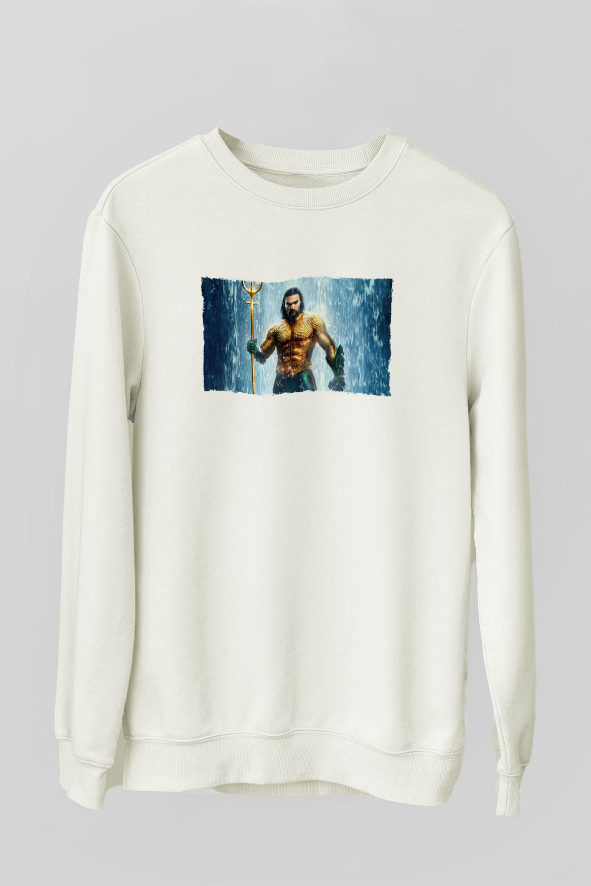 Unisex Aquaman Baskılı Beyaz Sweatshirt