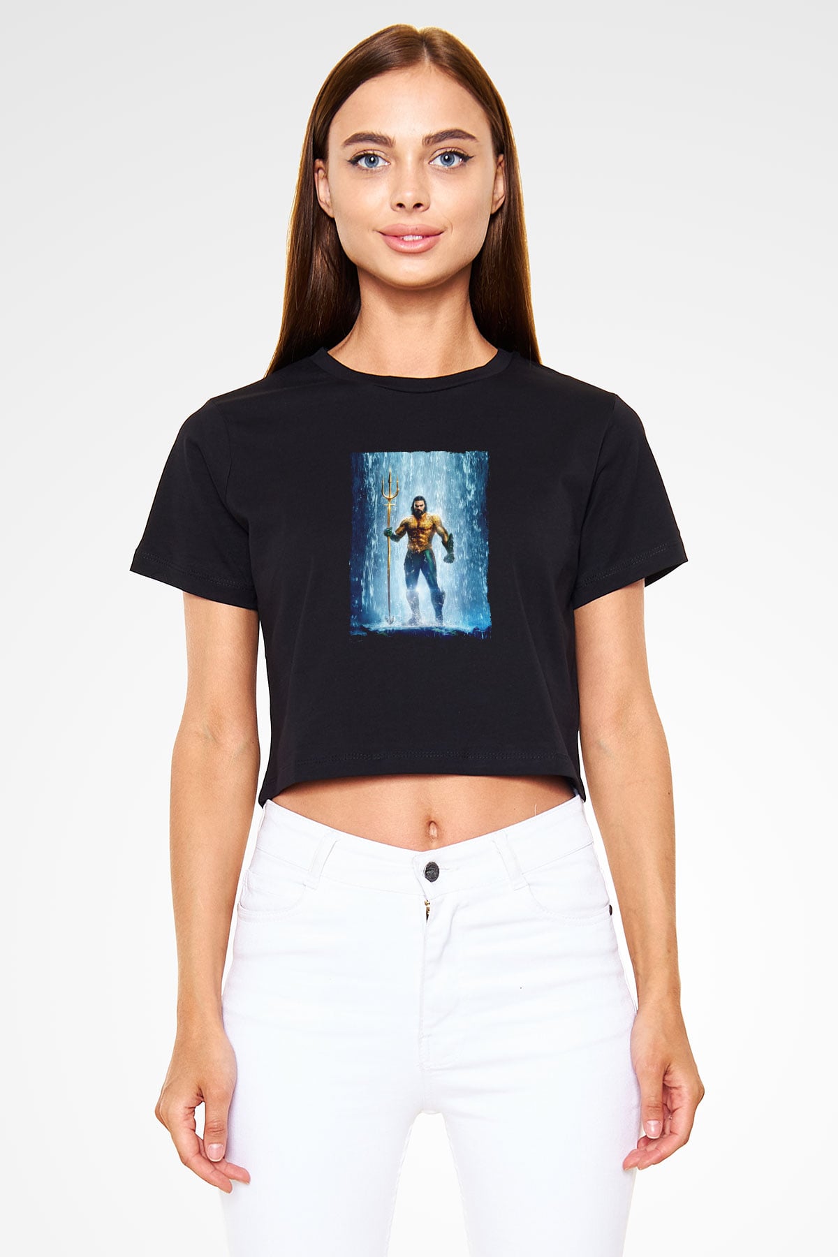 Unisex Aquaman Baskılı Siyah Crop Top T-shirt