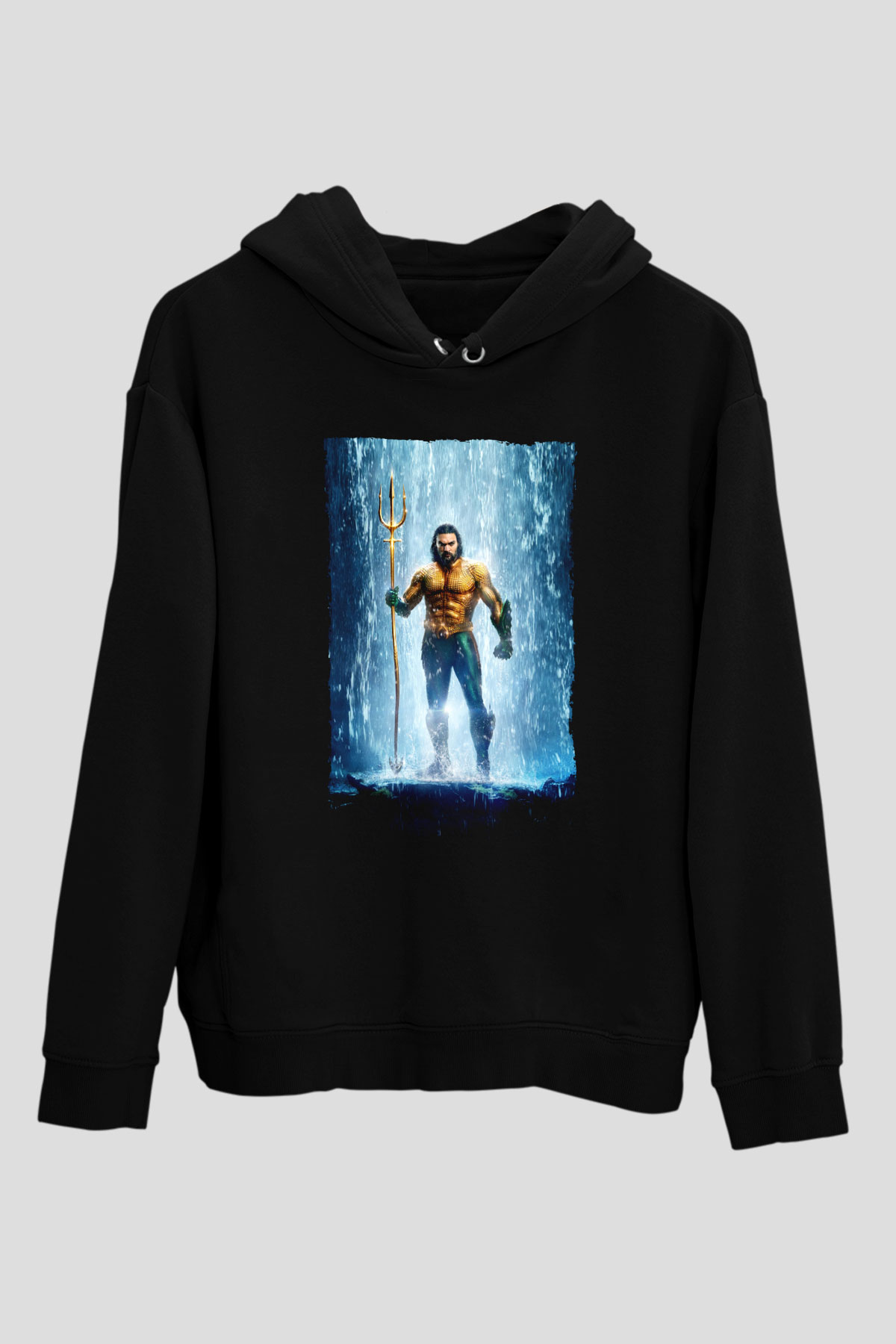 Unisex Aquaman Baskılı Siyah Kapüşonlu Sweatshirt