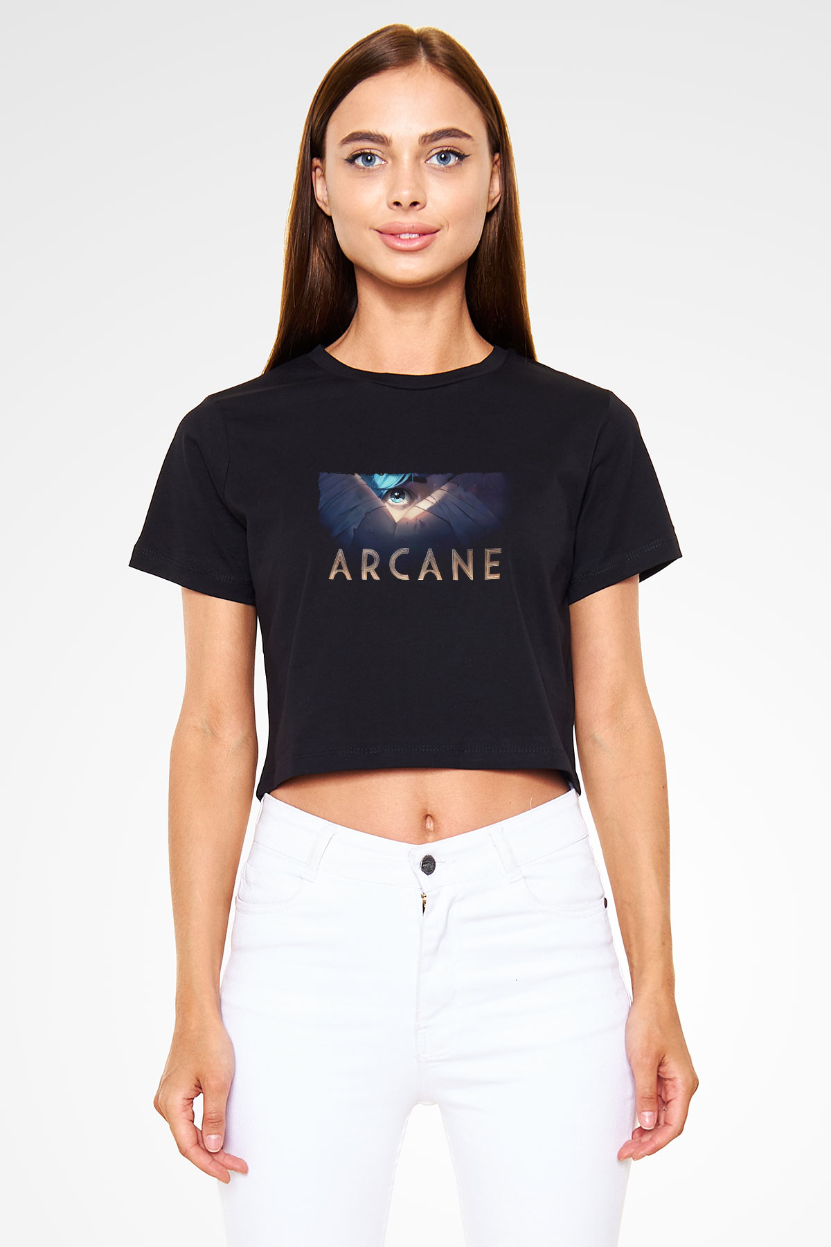 Unisex Arcane Baskılı Siyah Crop Top Tshirt