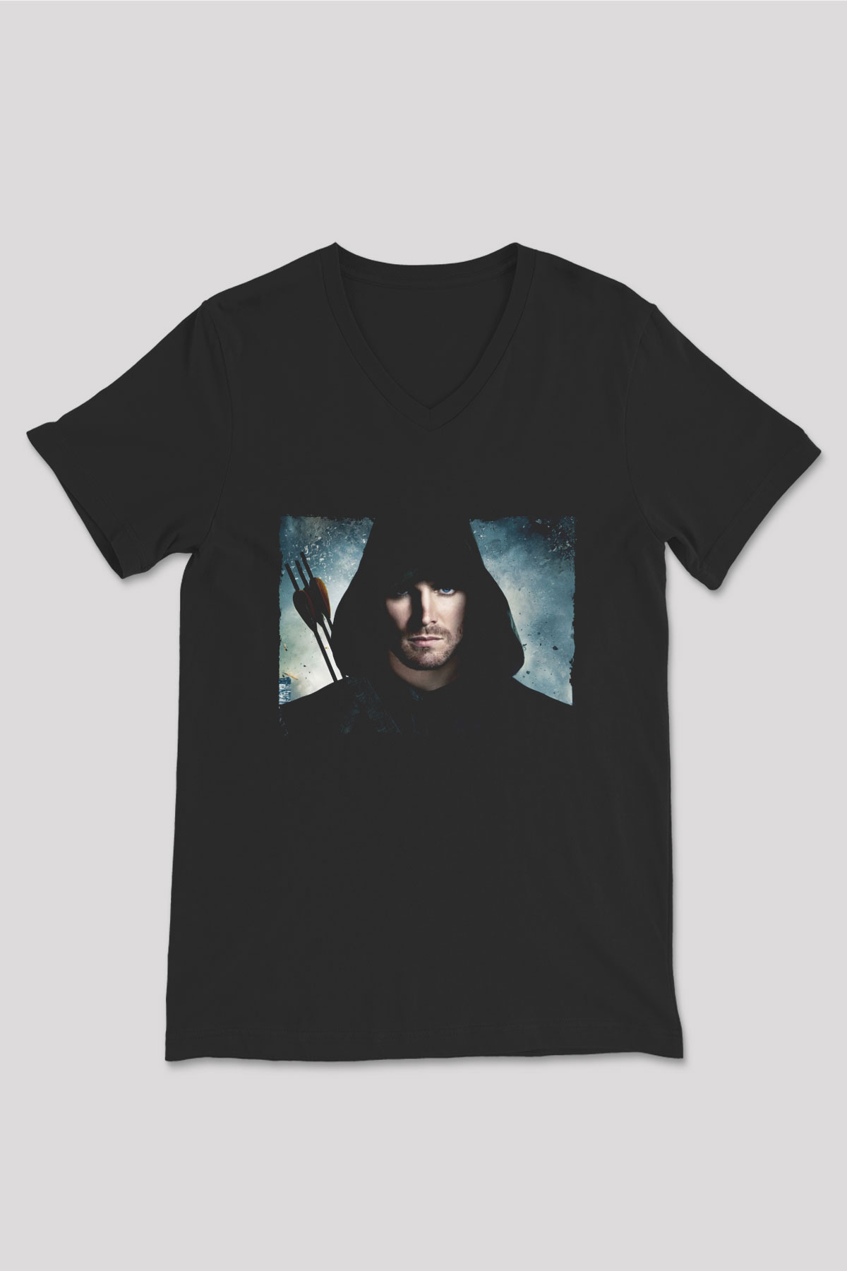 Unisex Arrow Baskılı Siyah V Yaka T-shirt
